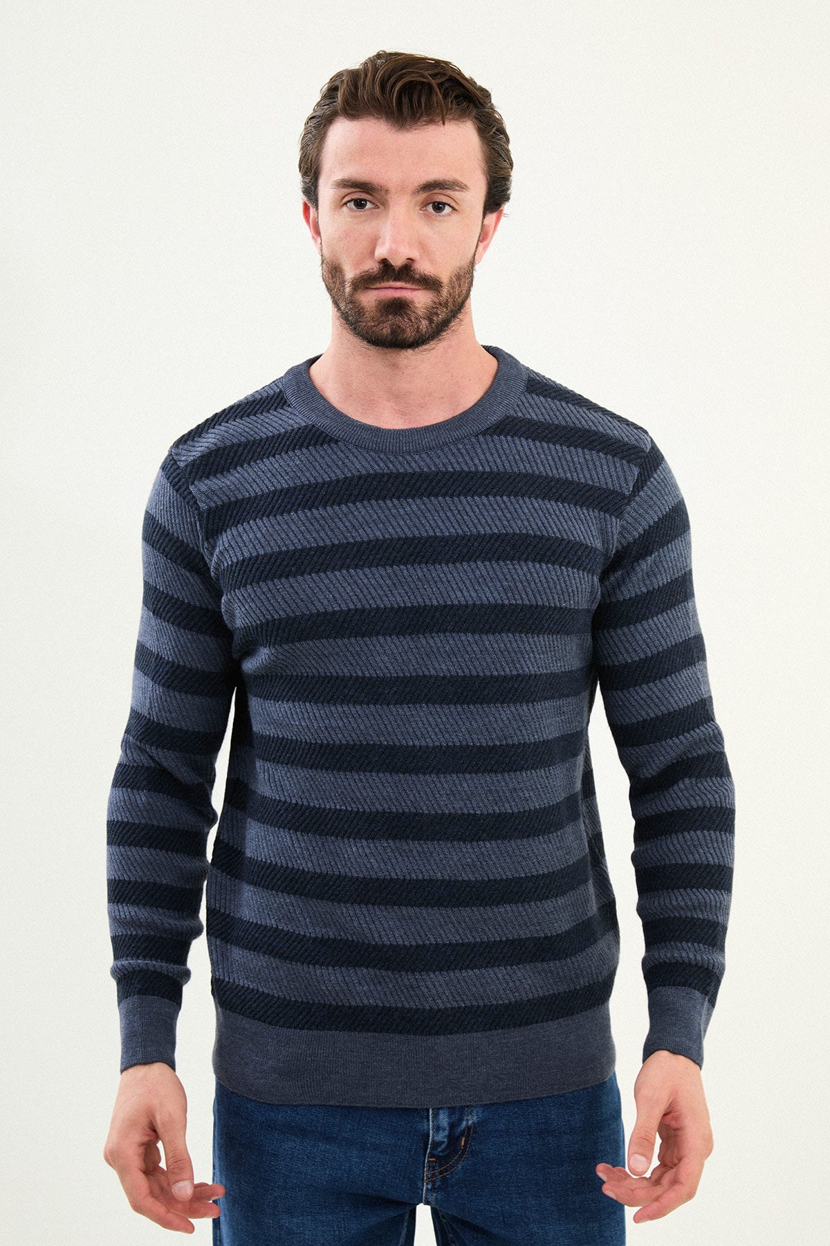 Yatay Çizgili Slim Fit Bisiklet Yaka Erkek Triko - İndigo-Lacivert