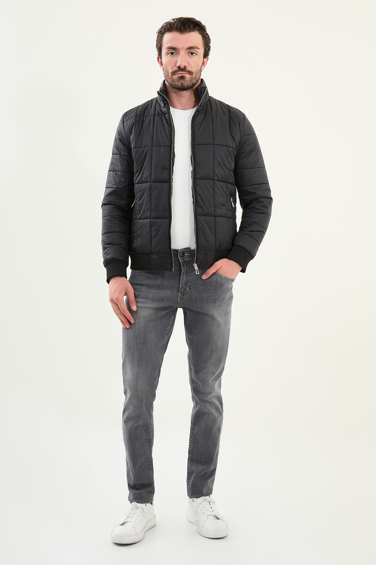 Kapitone Slim Fit Hakim Yaka Şişme Erkek Mont