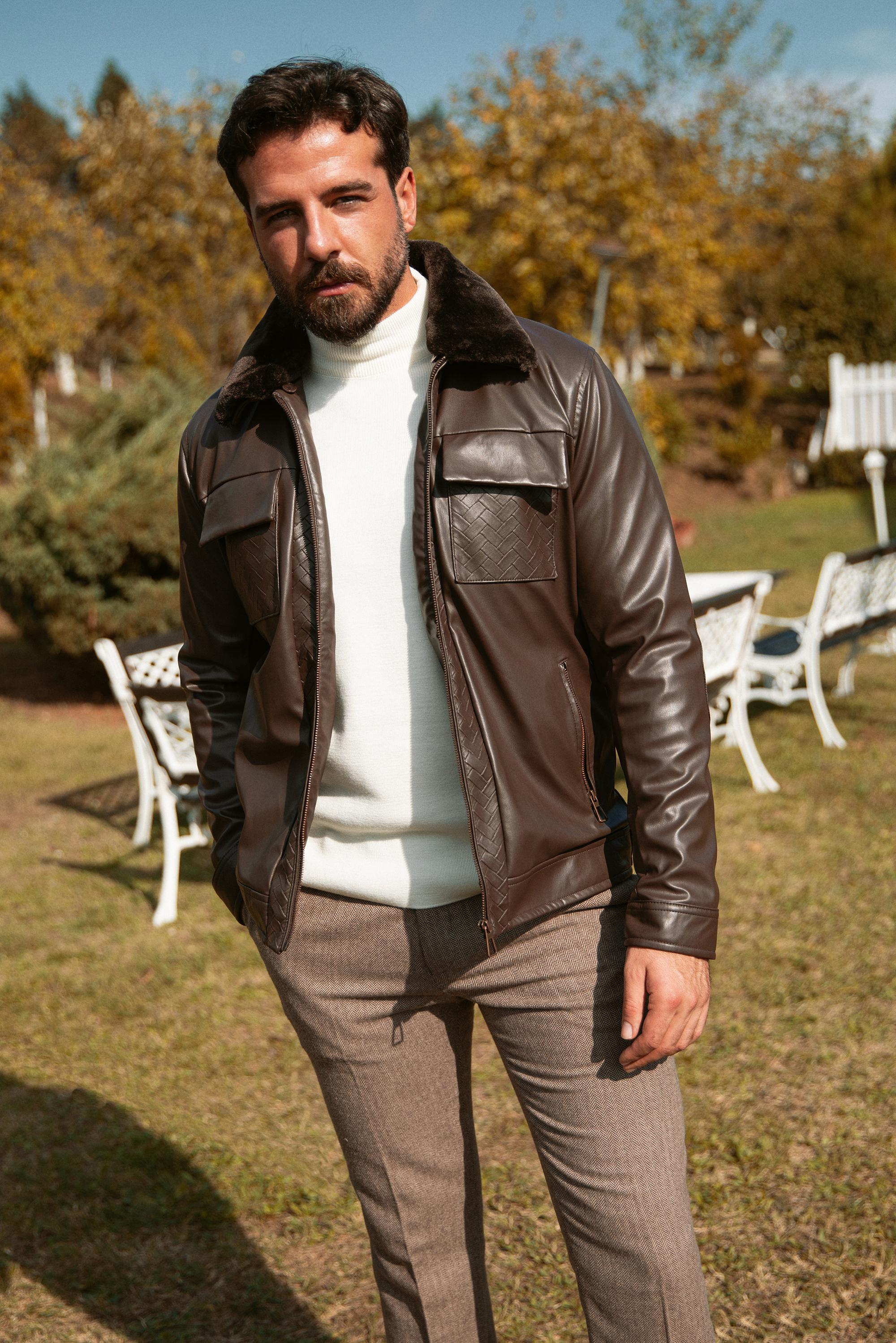 Desenli Slim Fit Kürklü Yaka Suni Deri Erkek Mont