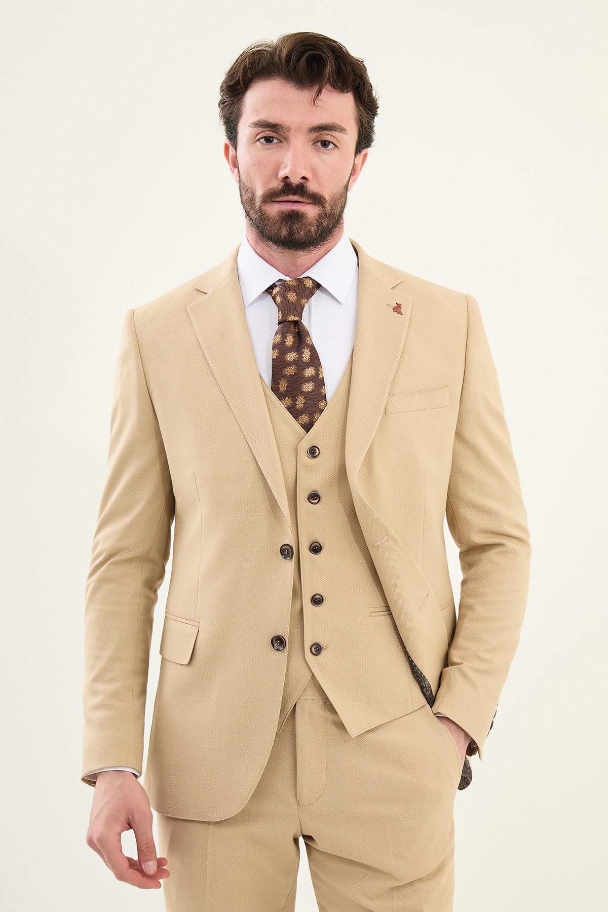 Desenli Slim Fit Mono Yaka Erkek Takım Elbise - Bej