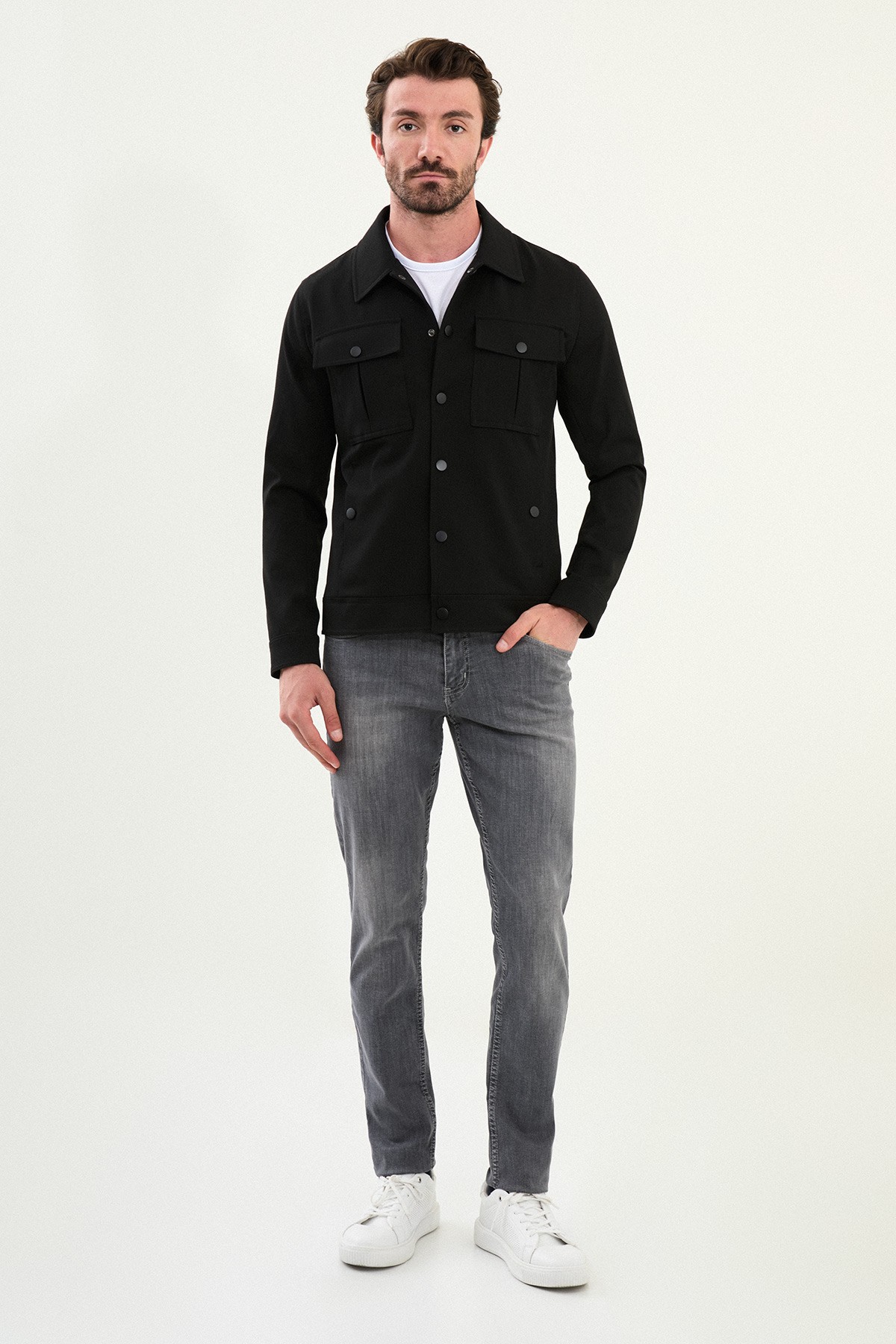 Düz Slim Fit Gömlek Yaka Erkek Mont