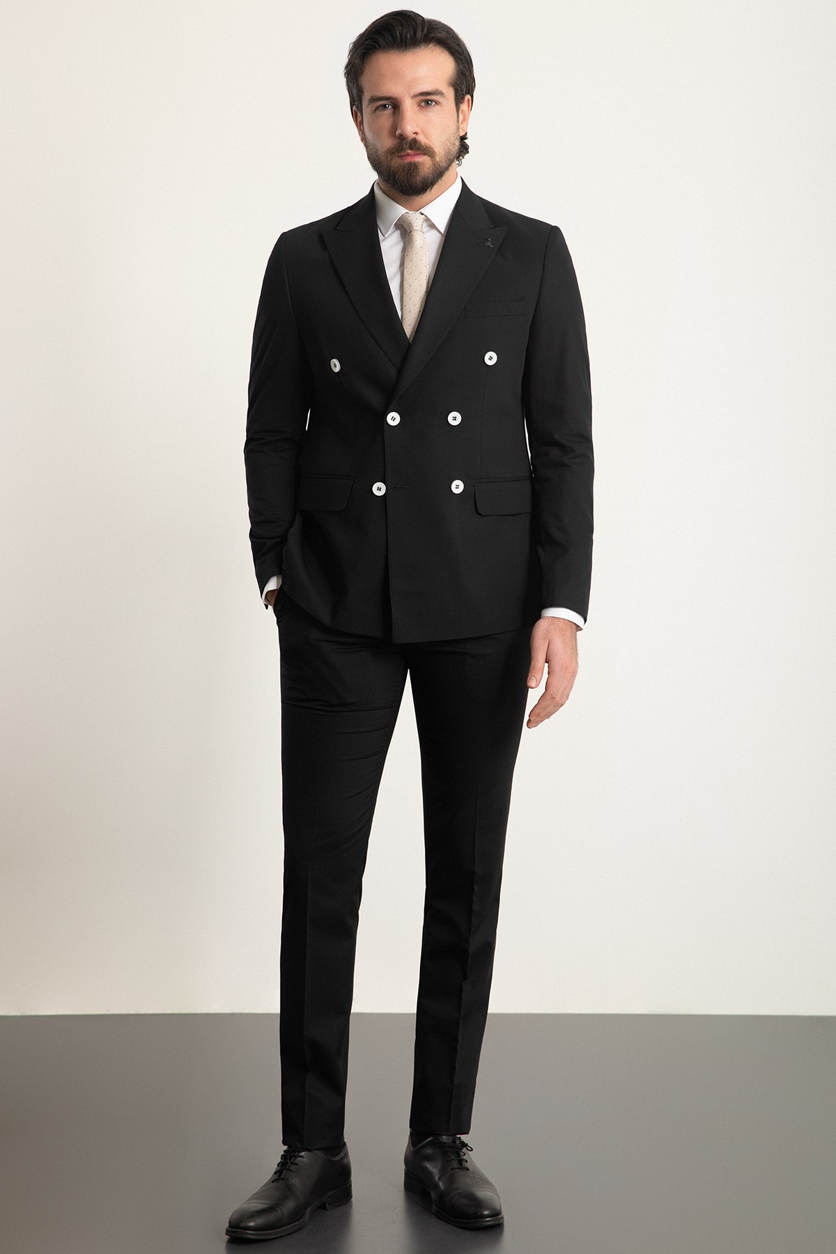 Düz Slim Fit Geniş Yaka Kruvaze Erkek Takım Elbise