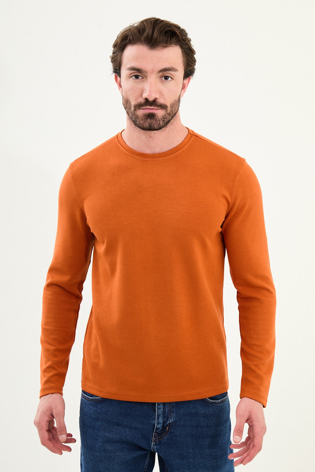 Desenli Slim Fit Bisiklet Yaka Uzun Kollu Erkek T-Shirt - Oranj
