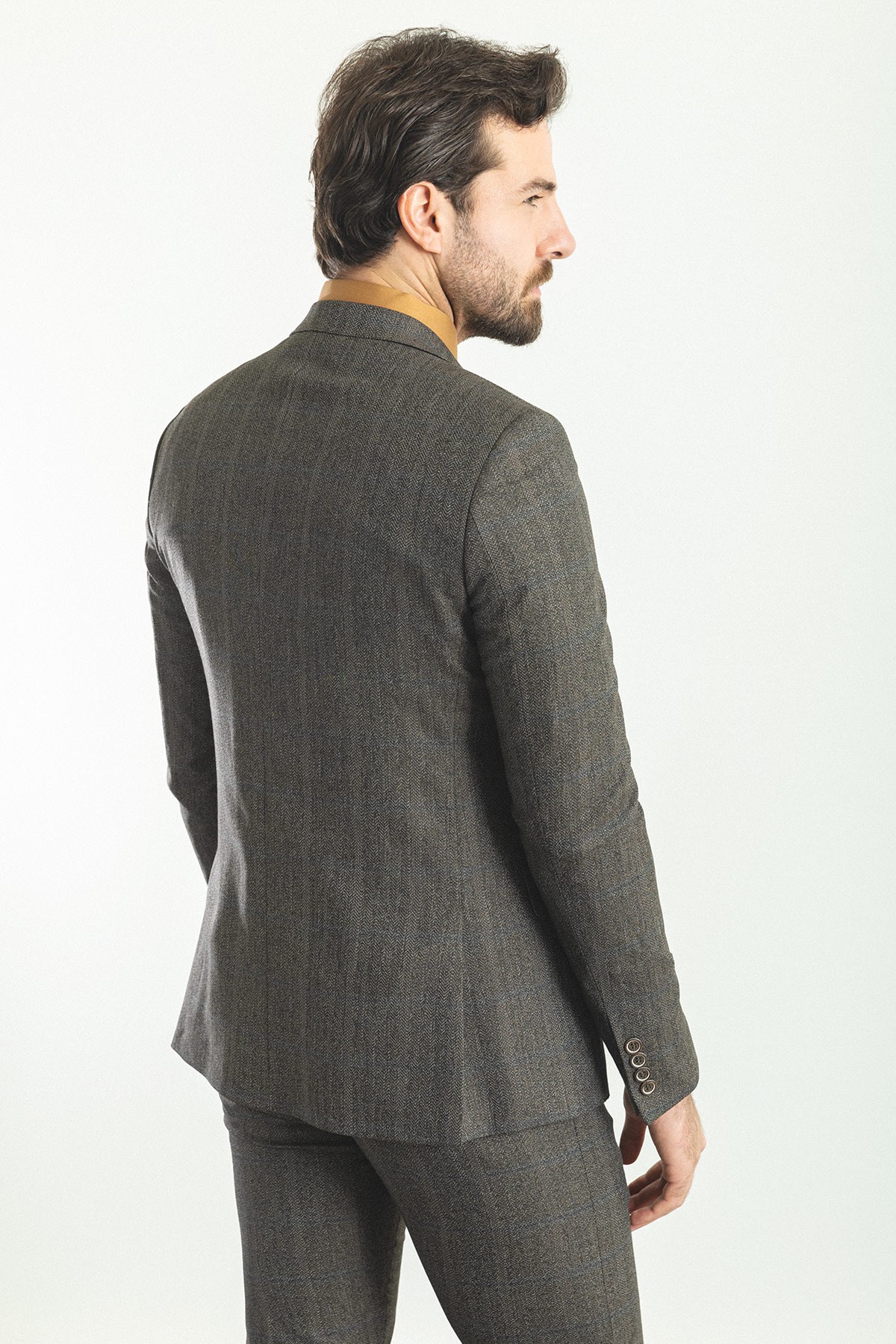 Ekoseli Slim Fit Mono Yaka Yün Erkek Takım Elbise