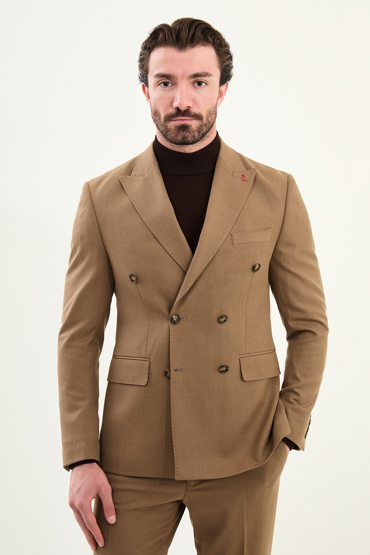 Düz Slim Fit Geniş Yaka Punto Dikiş Kruvaze Erkek Takım Elbise - Kamel