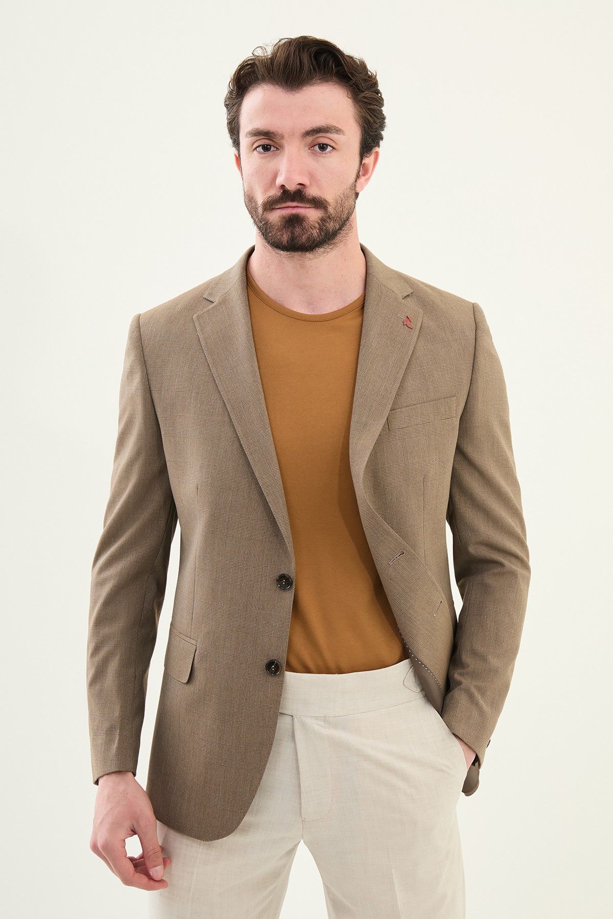 Ekoseli Slim Fit Mono Yaka Erkek Ceket - Kahverengi