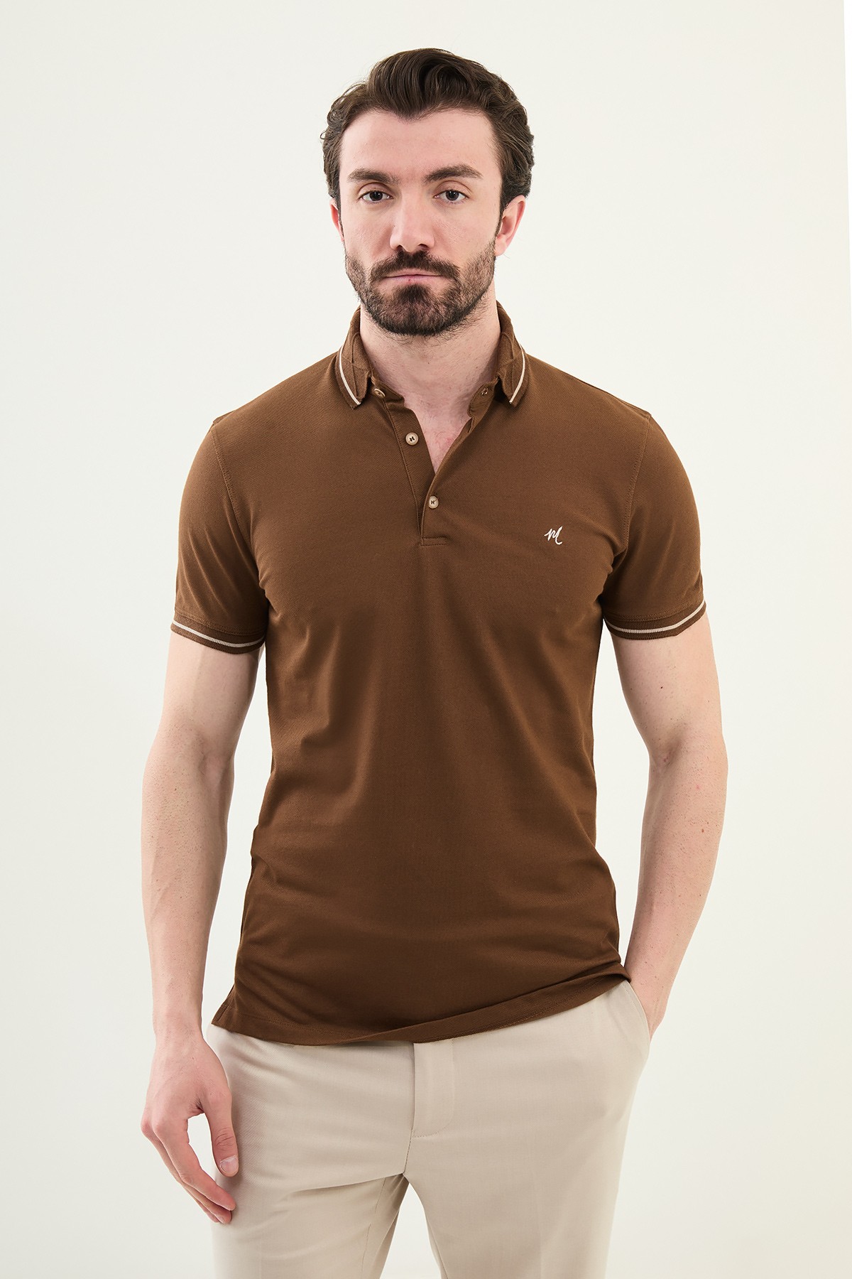 Düz Slim Fit Polo Yaka Pamuk Erkek T-Shirt - Kahverengi
