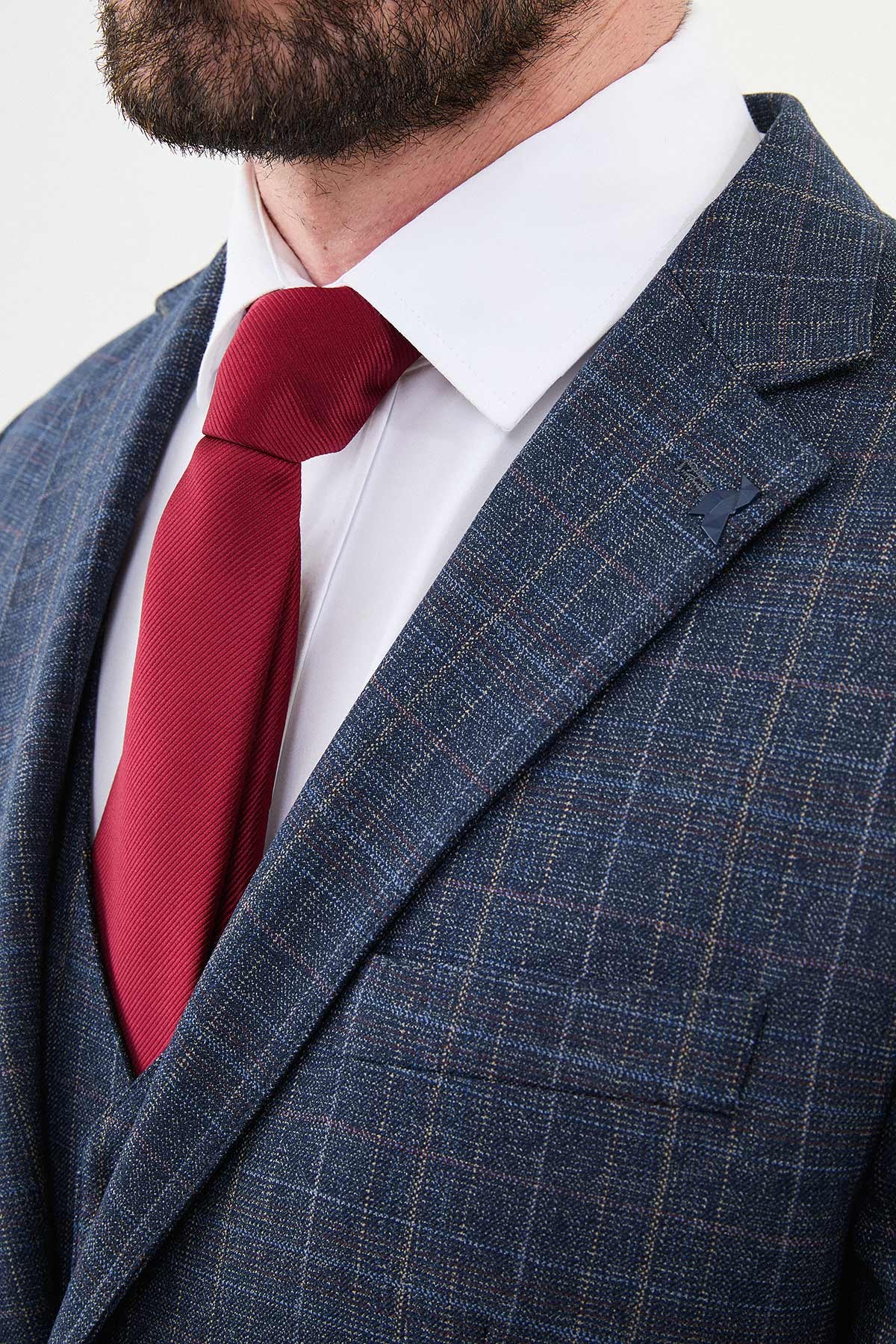 Kareli Slim Fit Mono Yaka Yün Erkek Takım Elbise