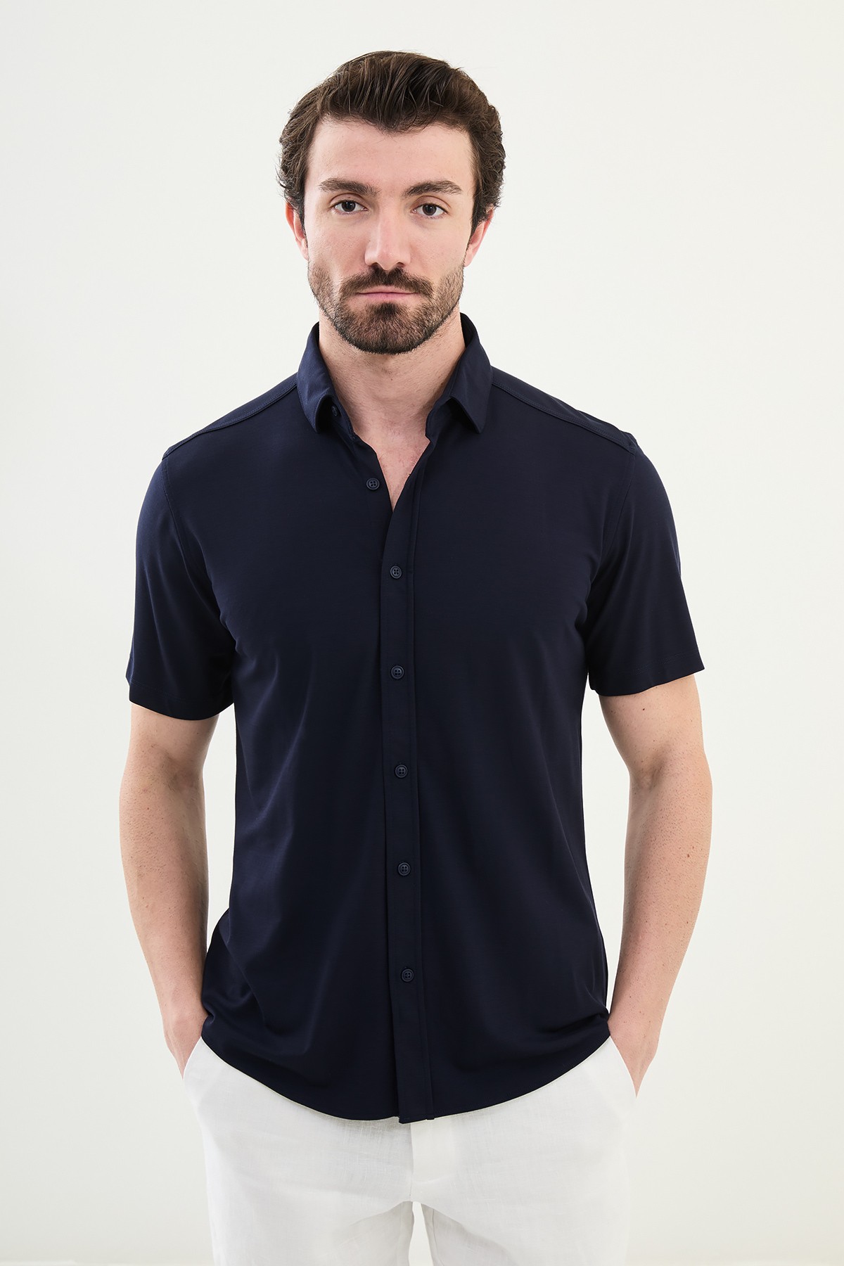 Düz Slim Fit Kısa Kollu Erkek Gömlek - Lacivert