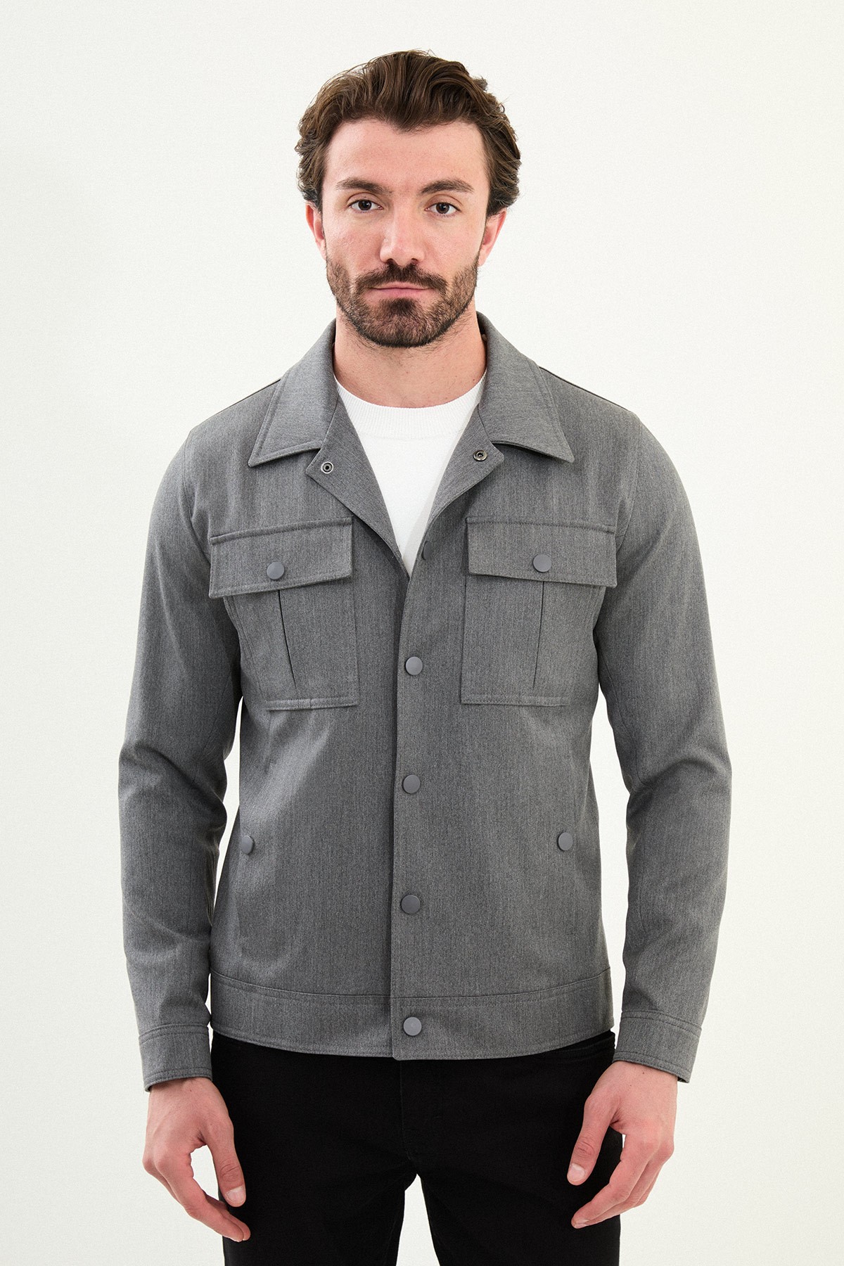 Düz Slim Fit Gömlek Yaka Erkek Mont - Gri