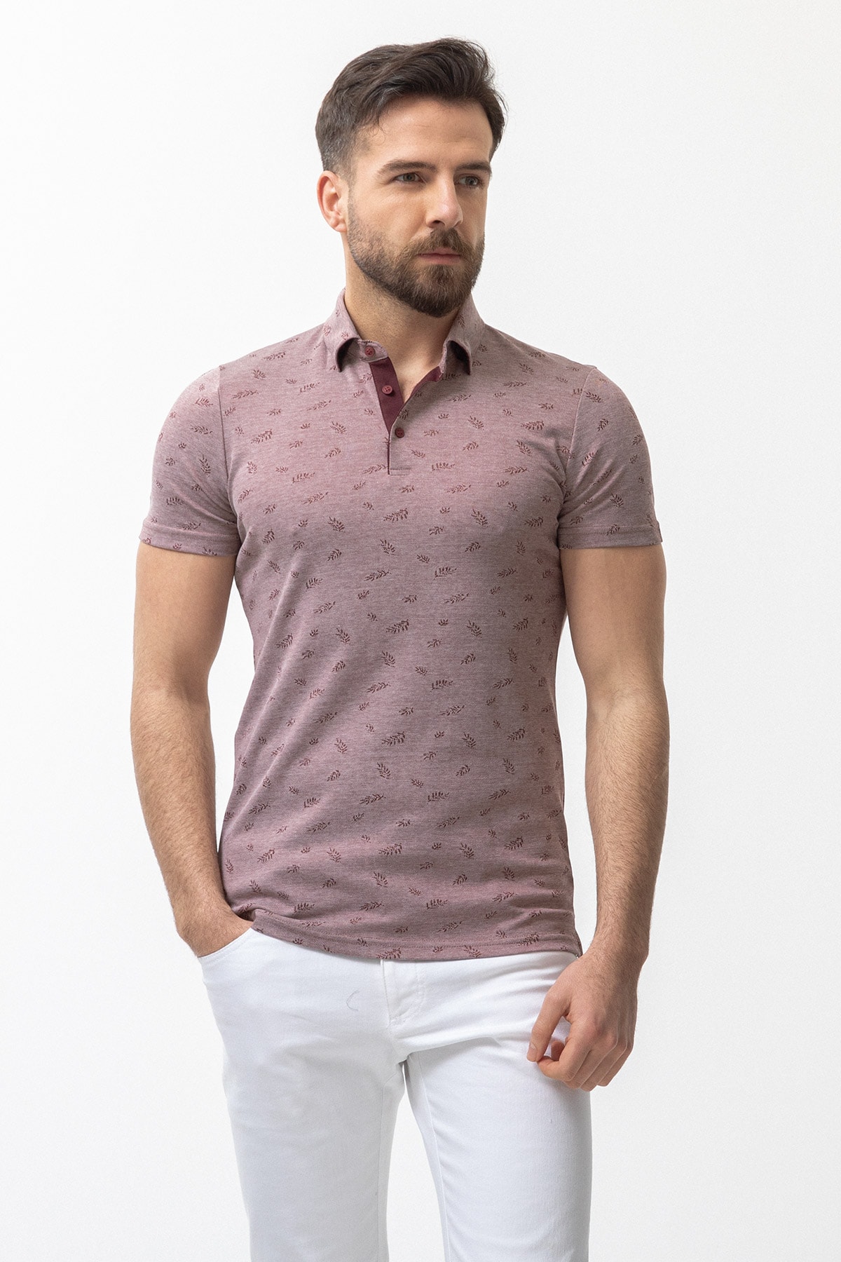 Yaprak Desenli Slim Fit Polo Yaka Erkek T-Shirt - Bordo