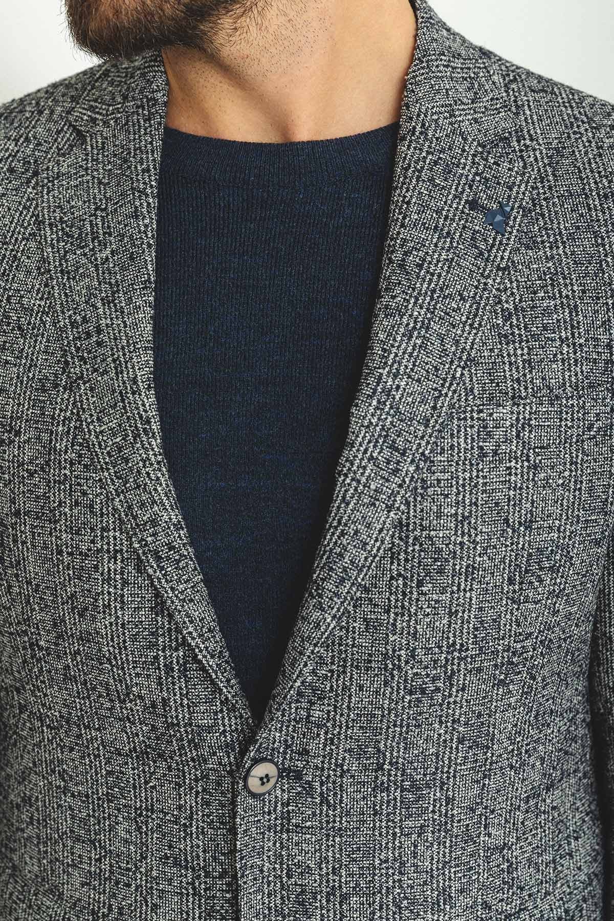 Ekoseli Slim Fit Mono Yaka Yün Erkek Ceket