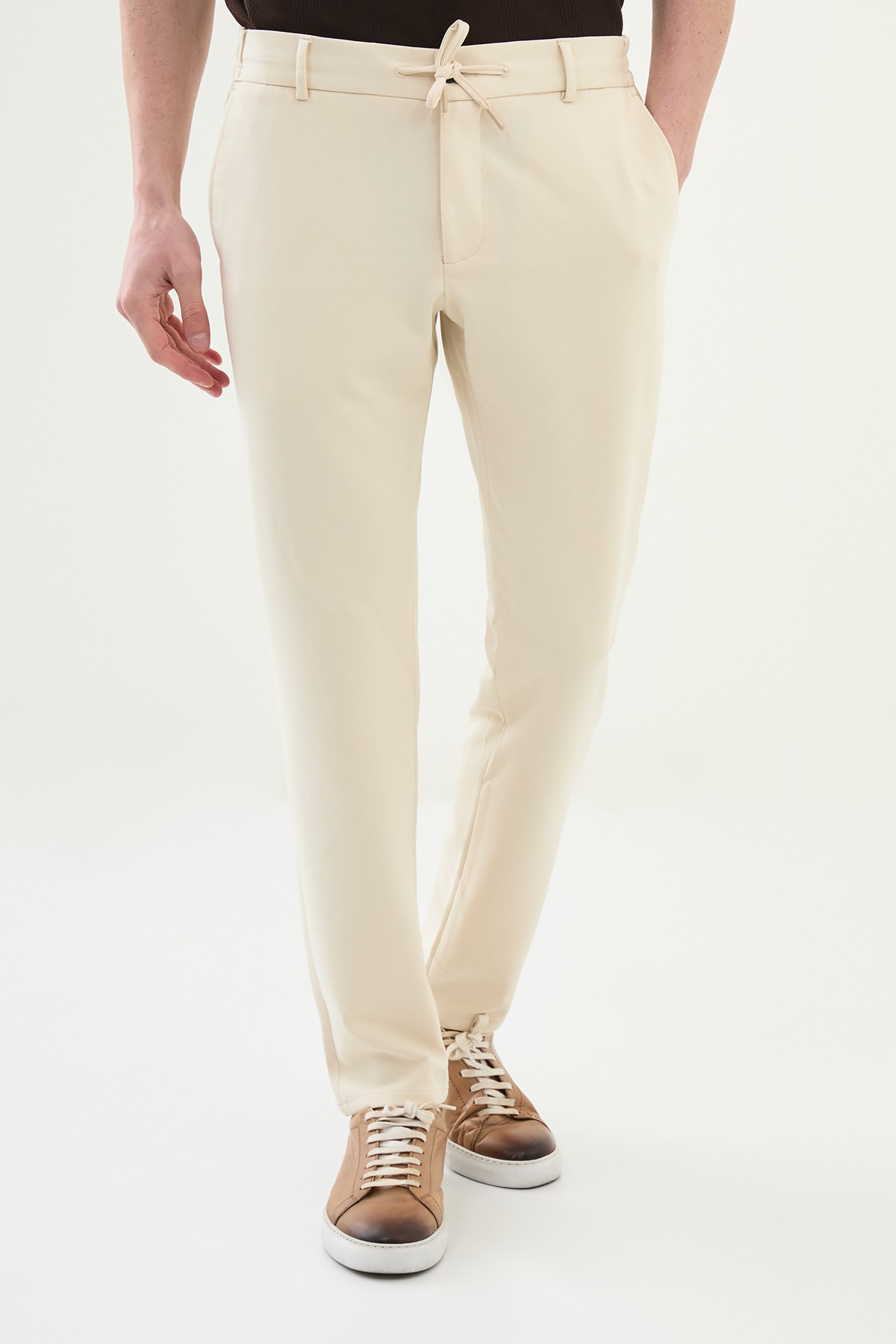 Çizgili Super Slim Fit Beli Lastikli İpli Erkek Pantolon - Bej