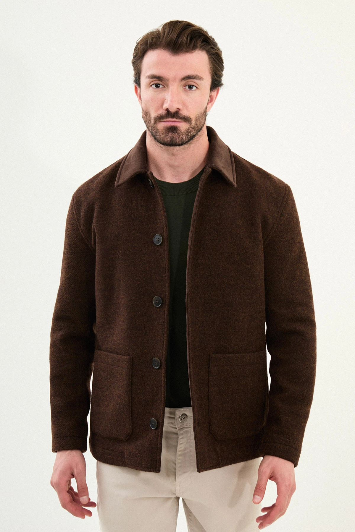 Kırçıllı Slim Fit Kadife Yaka Torba Cepli Erkek Trenchcoat