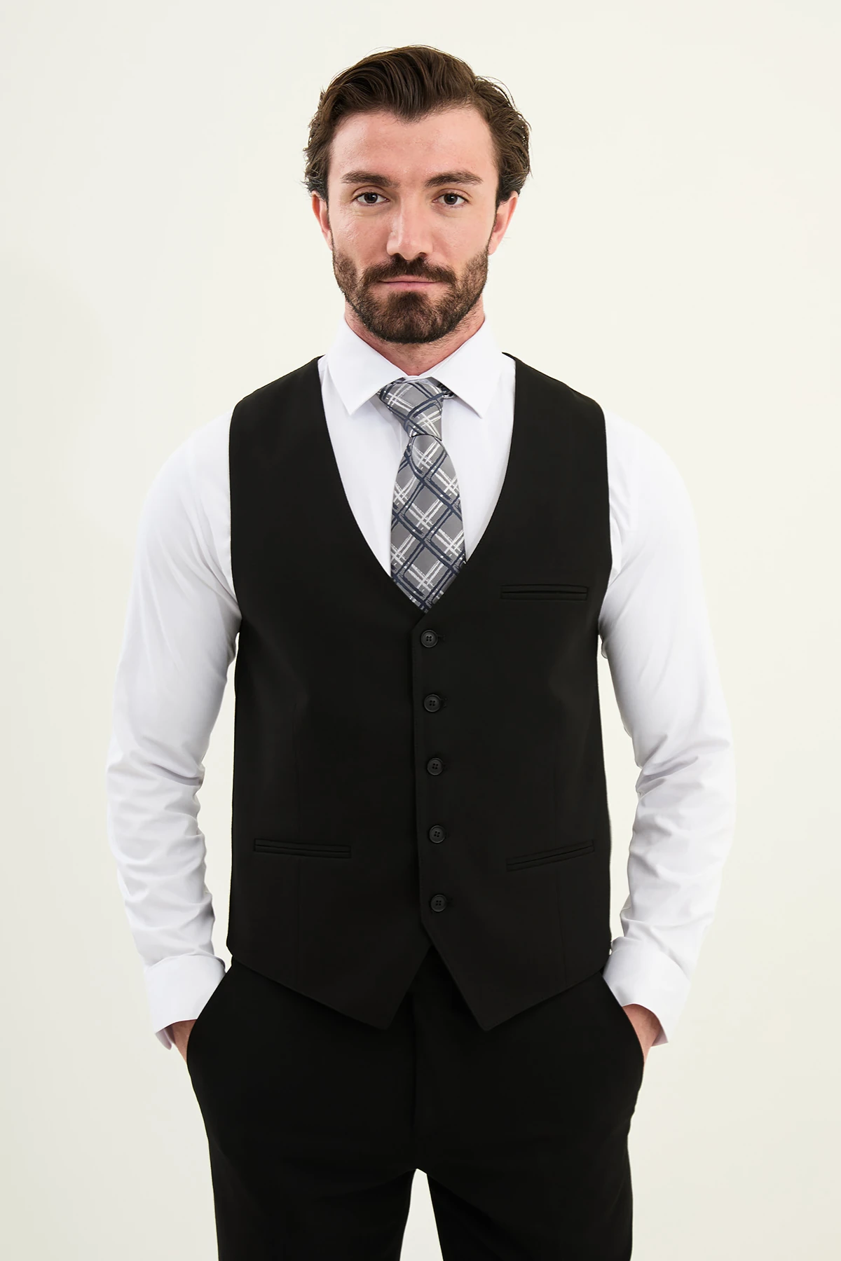 Düz Slim Fit Klasik Cep Detaylı Erkek Yelek - Siyah