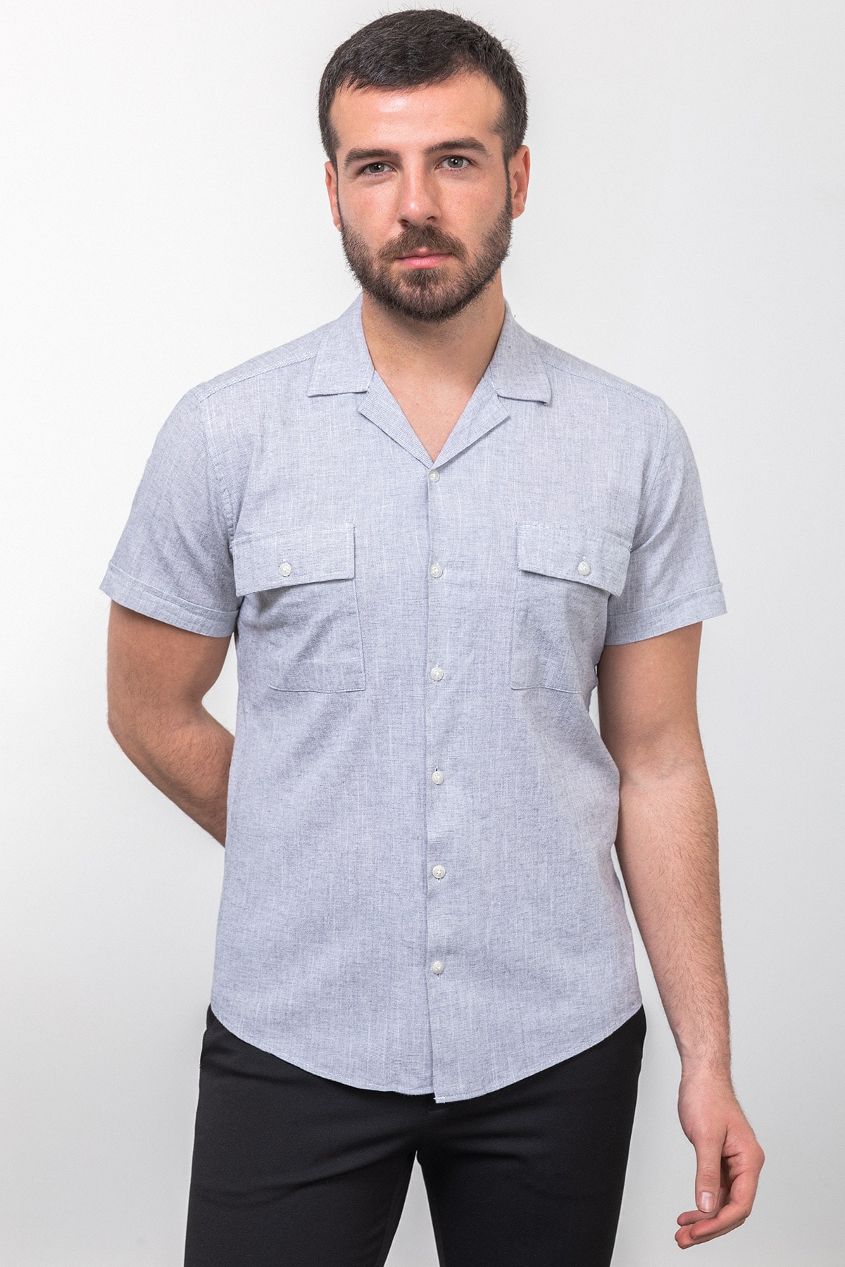 Kırçıllı Slim Fit Apaç Yaka Kısa Kollu Erkek Gömlek - Lacivert-Ekru