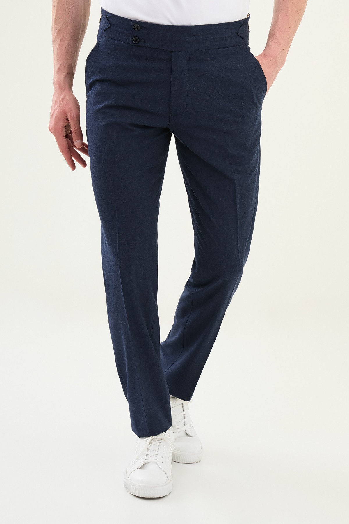 Düz Slim Fit Beli Tokalı Erkek Pantolon - Lacivert