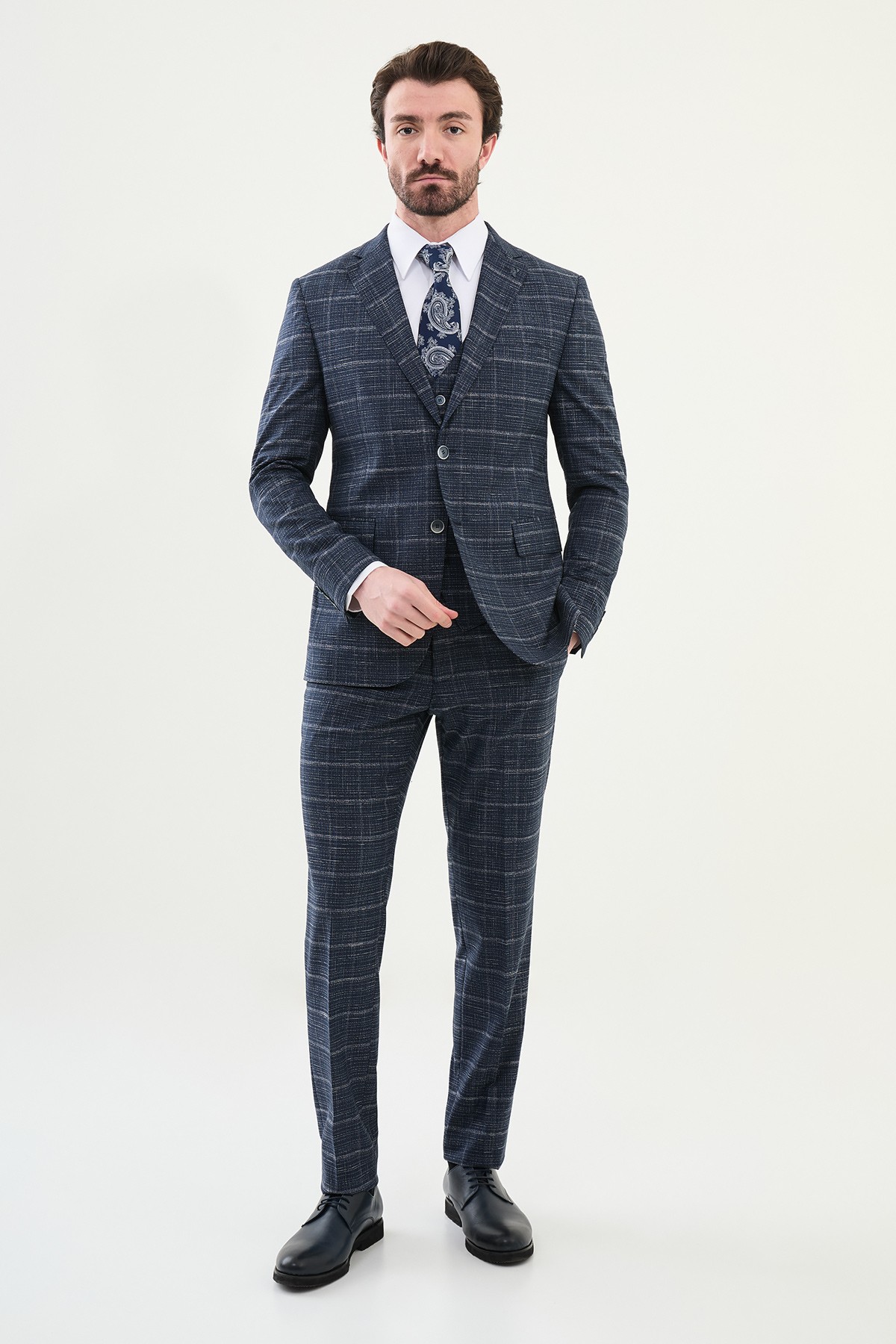 Ekoseli Slim Fit Mono Yaka Klasik Erkek Takım Elbise