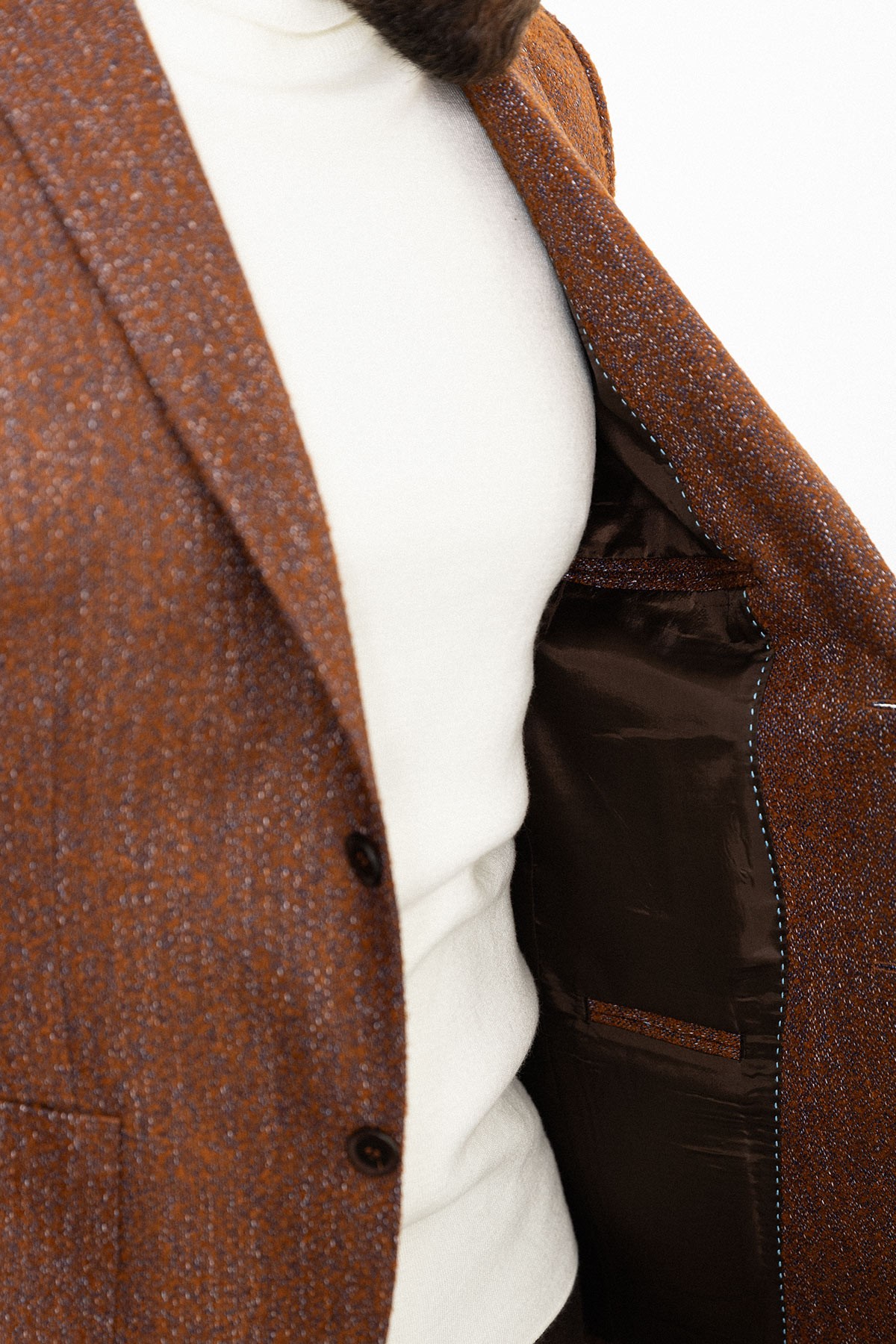 Dokulu Slim Fit Torba Cep Mono Yaka Yün Erkek Ceket