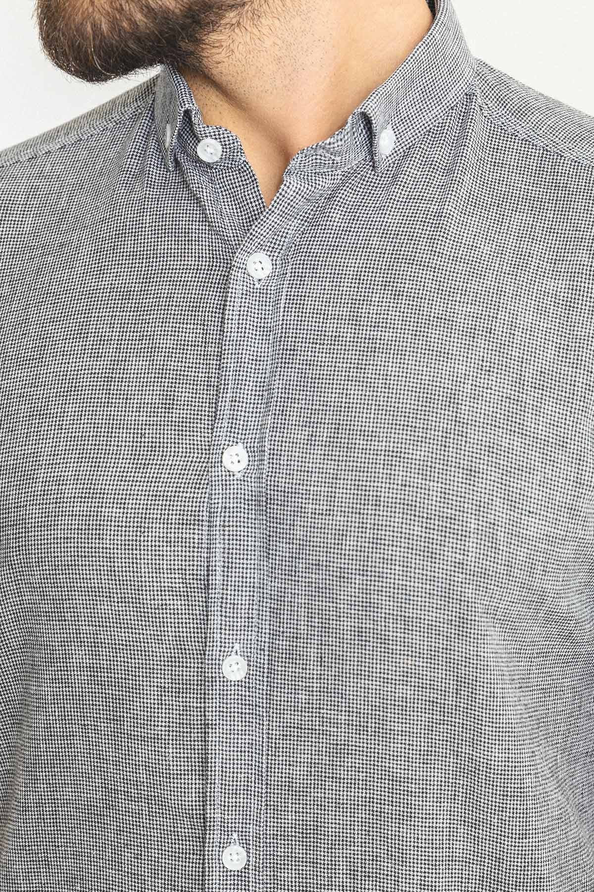 Kareli Slim Fit Kısa Kollu Keten Erkek Gömlek