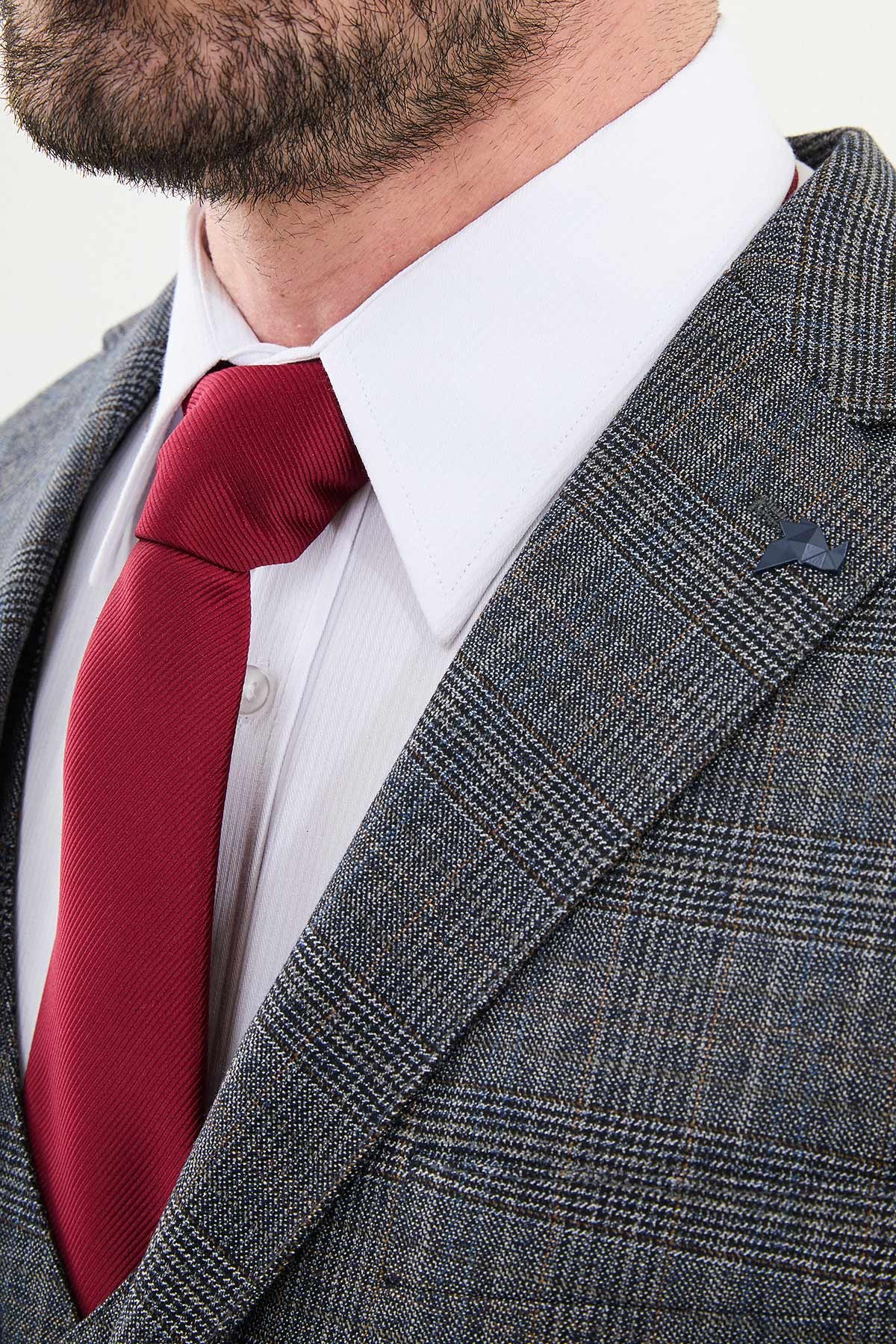 Ekoseli Slim Fit Mono Yaka Yün Erkek Takım Elbise