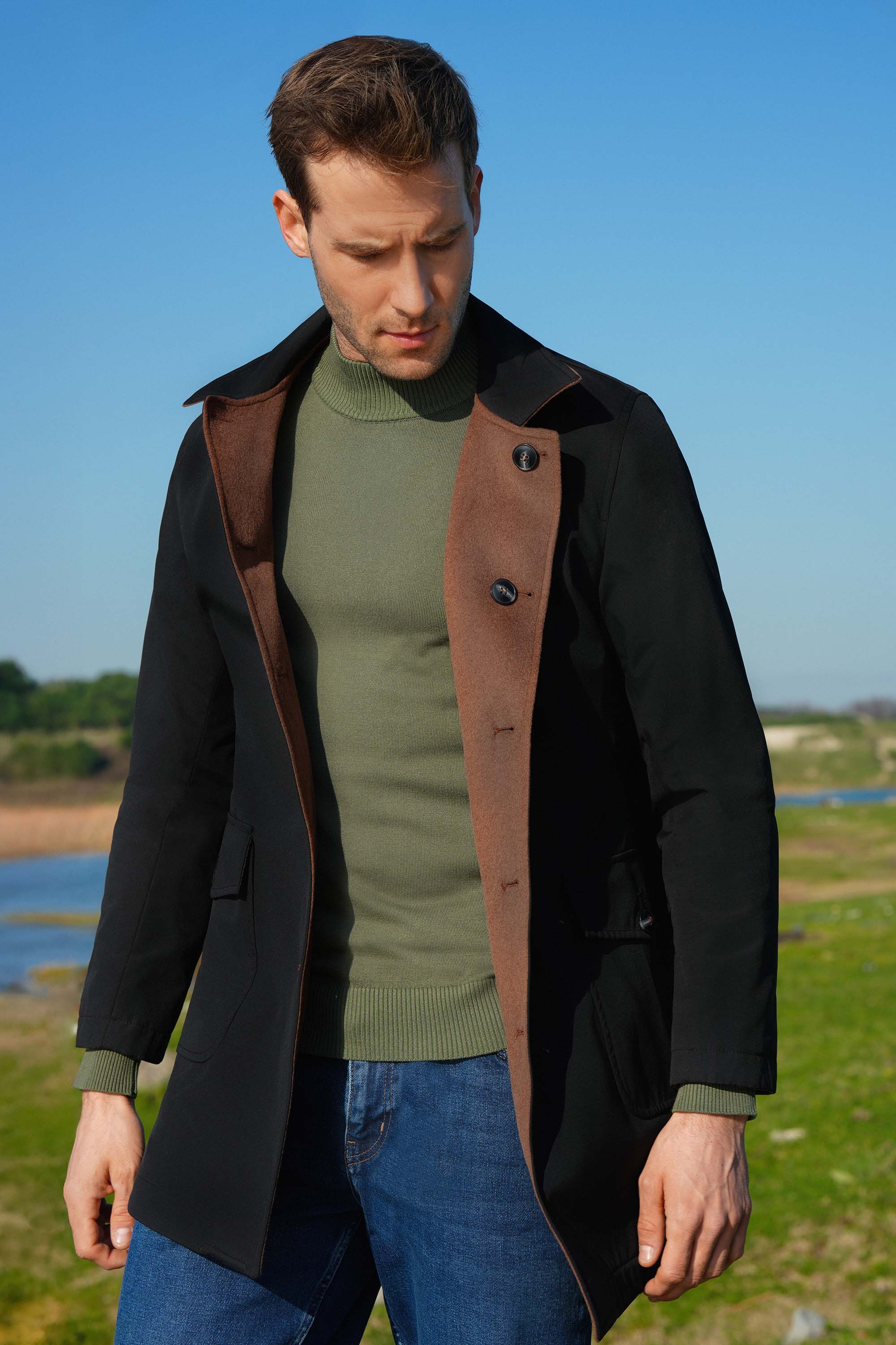 Düz Slim Fit Gömlek Yaka Çift Taraflı Erkek Trench Coat