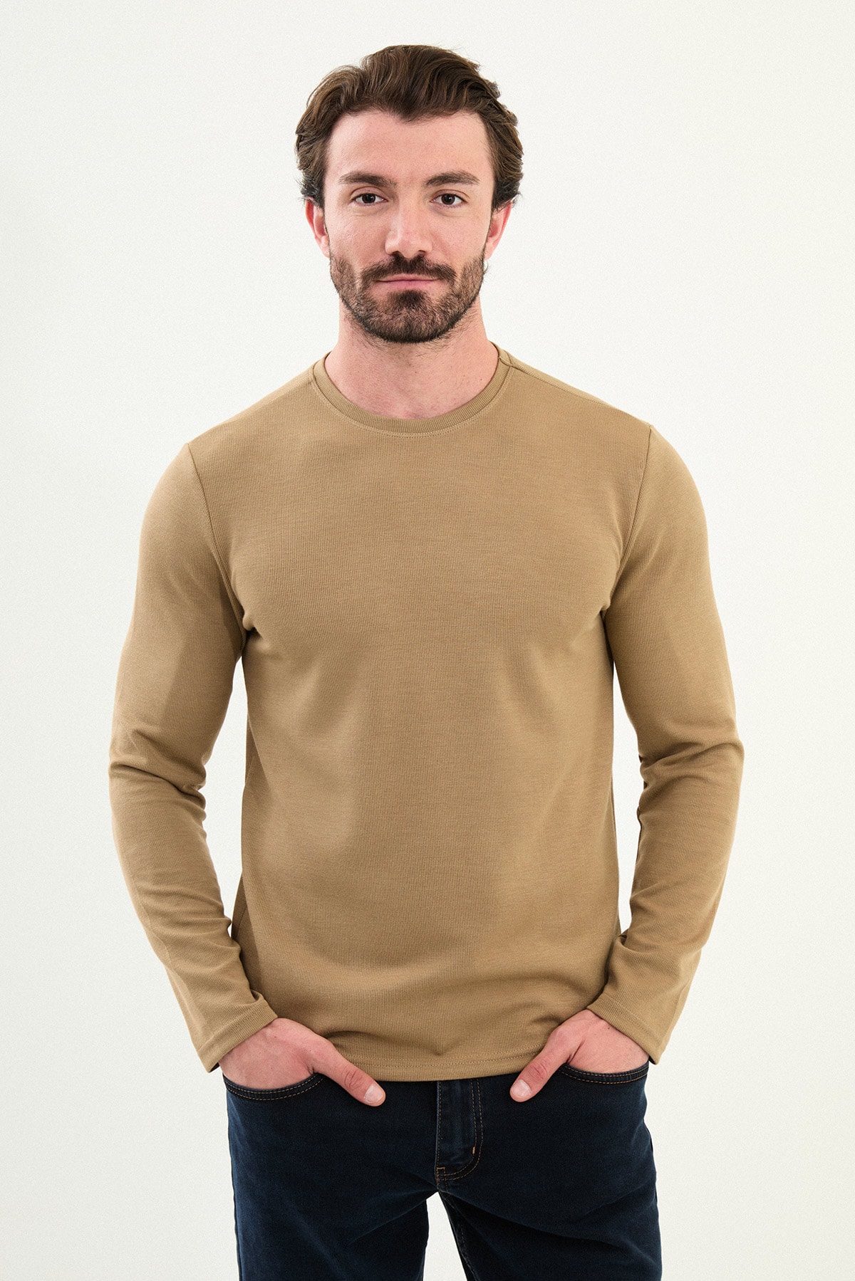 Desenli Slim Fit Bisiklet Yaka Uzun Kollu Erkek T-Shirt - Vizon