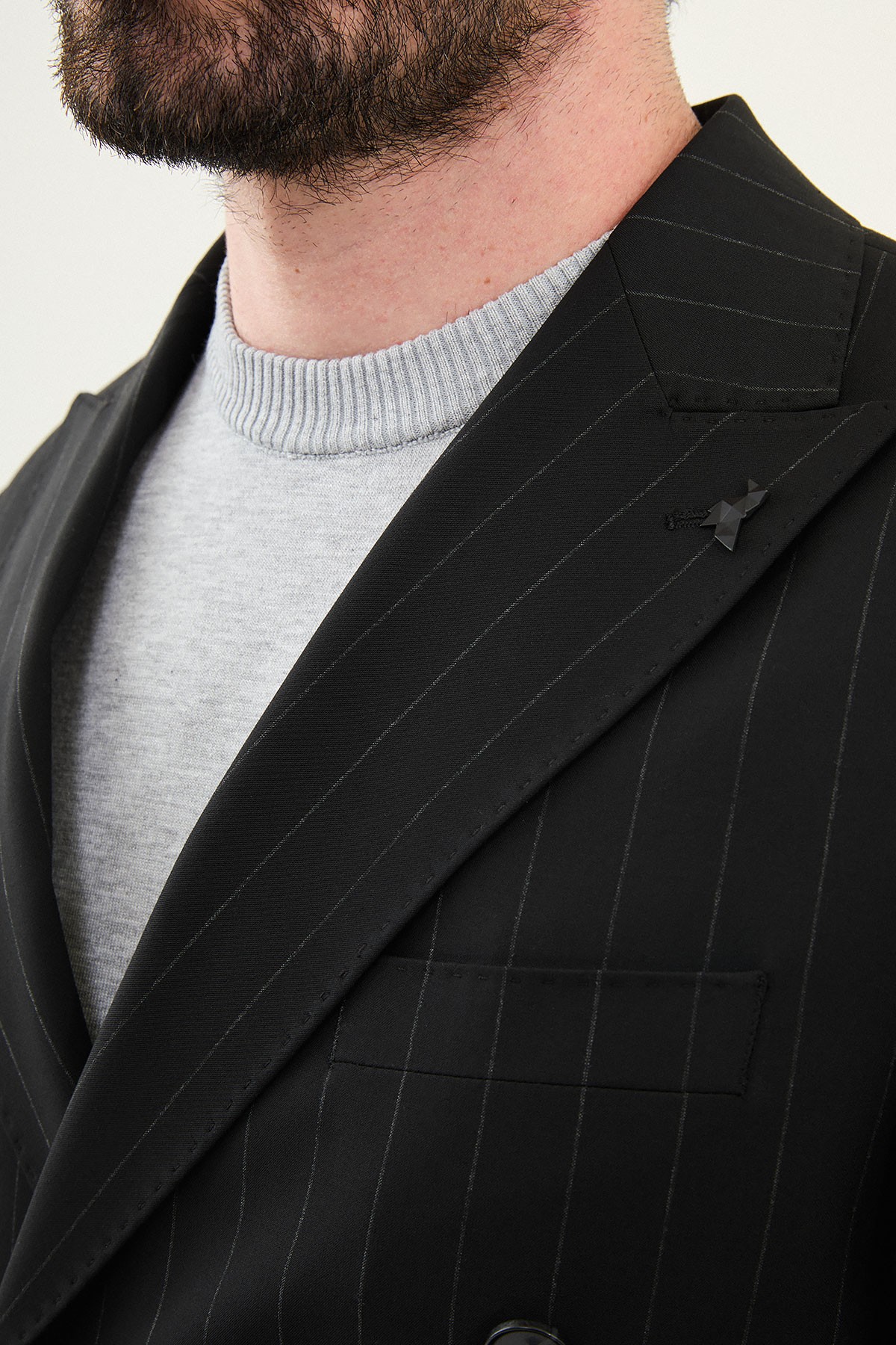 Çizgili Slim Fit Geniş Yaka Kruvaze Erkek Takım Elbise