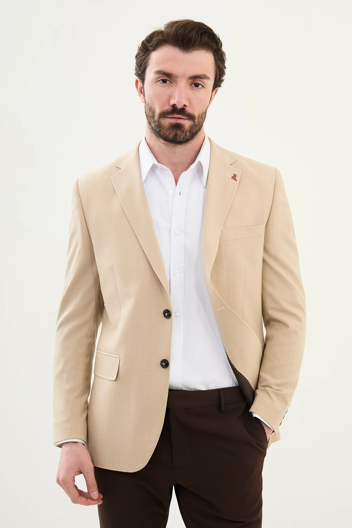 Ekoseli Slim Fit Mono Yaka Erkek Ceket