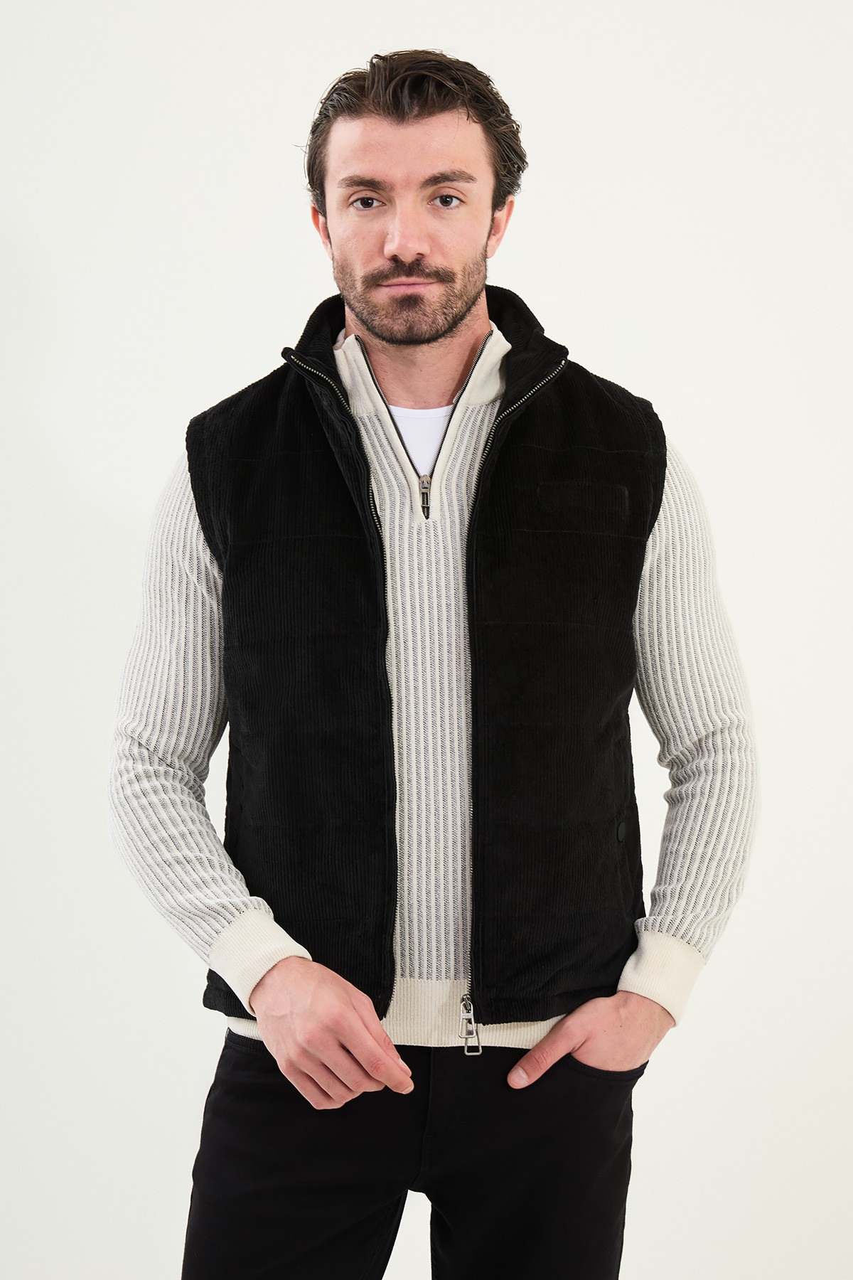 Düz Slim Fit Dik Yaka Kadife Erkek Yelek - Siyah