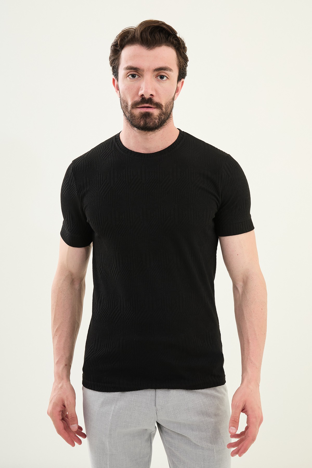Desenli Slim Fit Bisiklet Yaka Erkek T-Shirt - Siyah