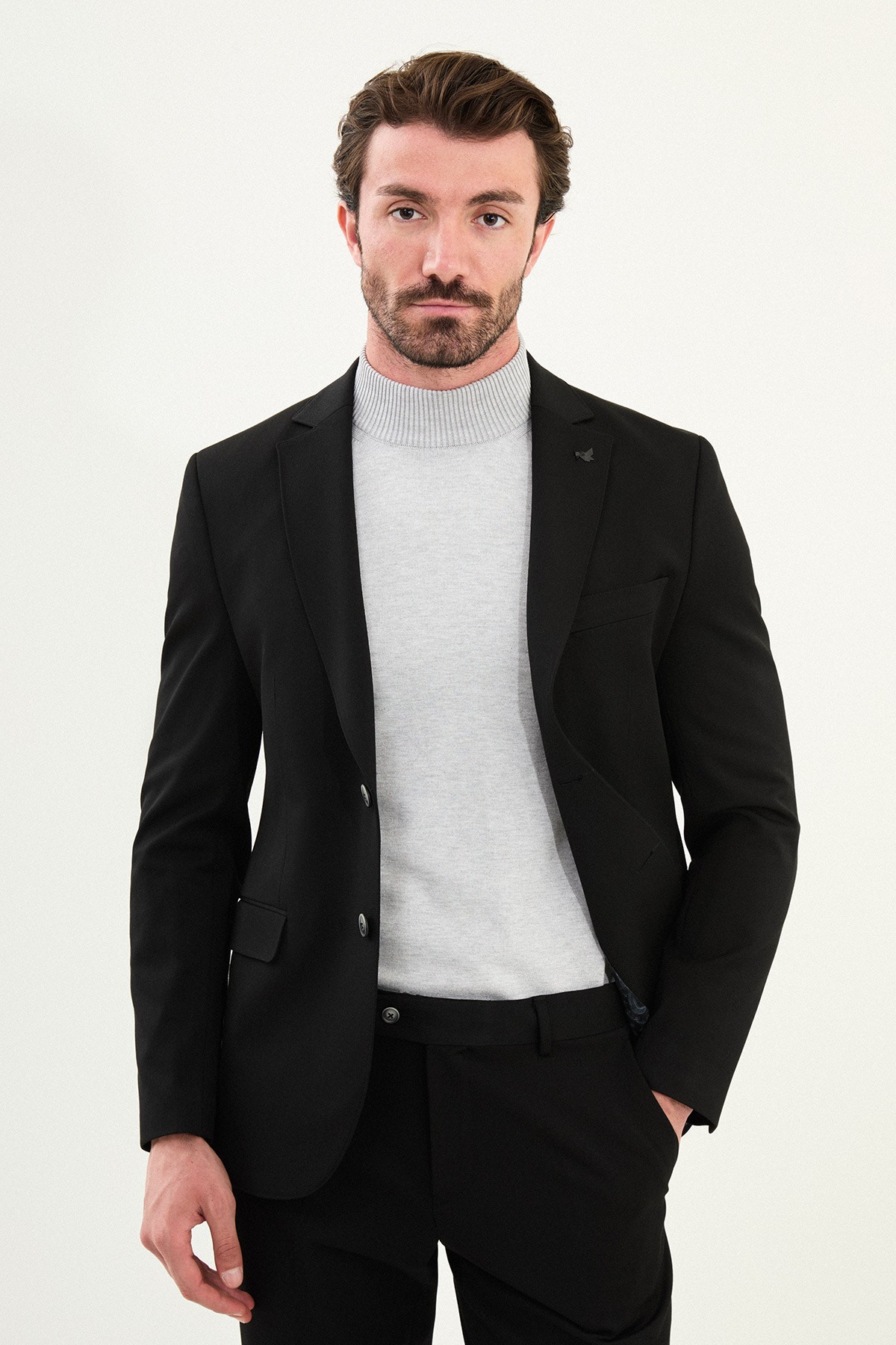 Düz Slim Fit Mono Yaka Klasik Yün Erkek Takım Elbise - Siyah