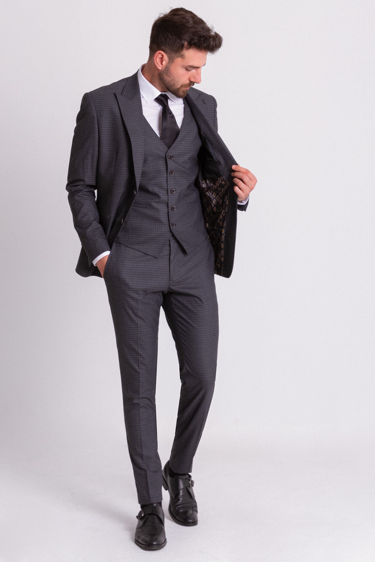 Kareli Slim Fit Klasik Erkek Takım Elbise