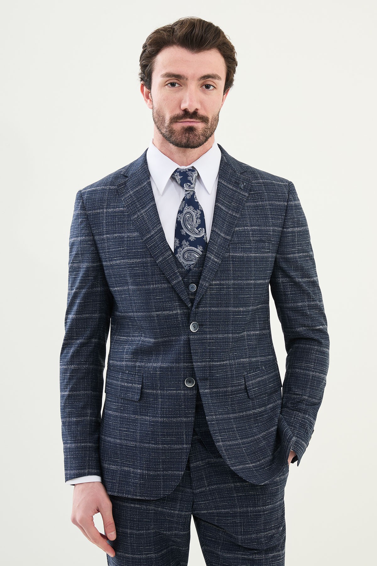 Ekoseli Slim Fit Mono Yaka Klasik Erkek Takım Elbise