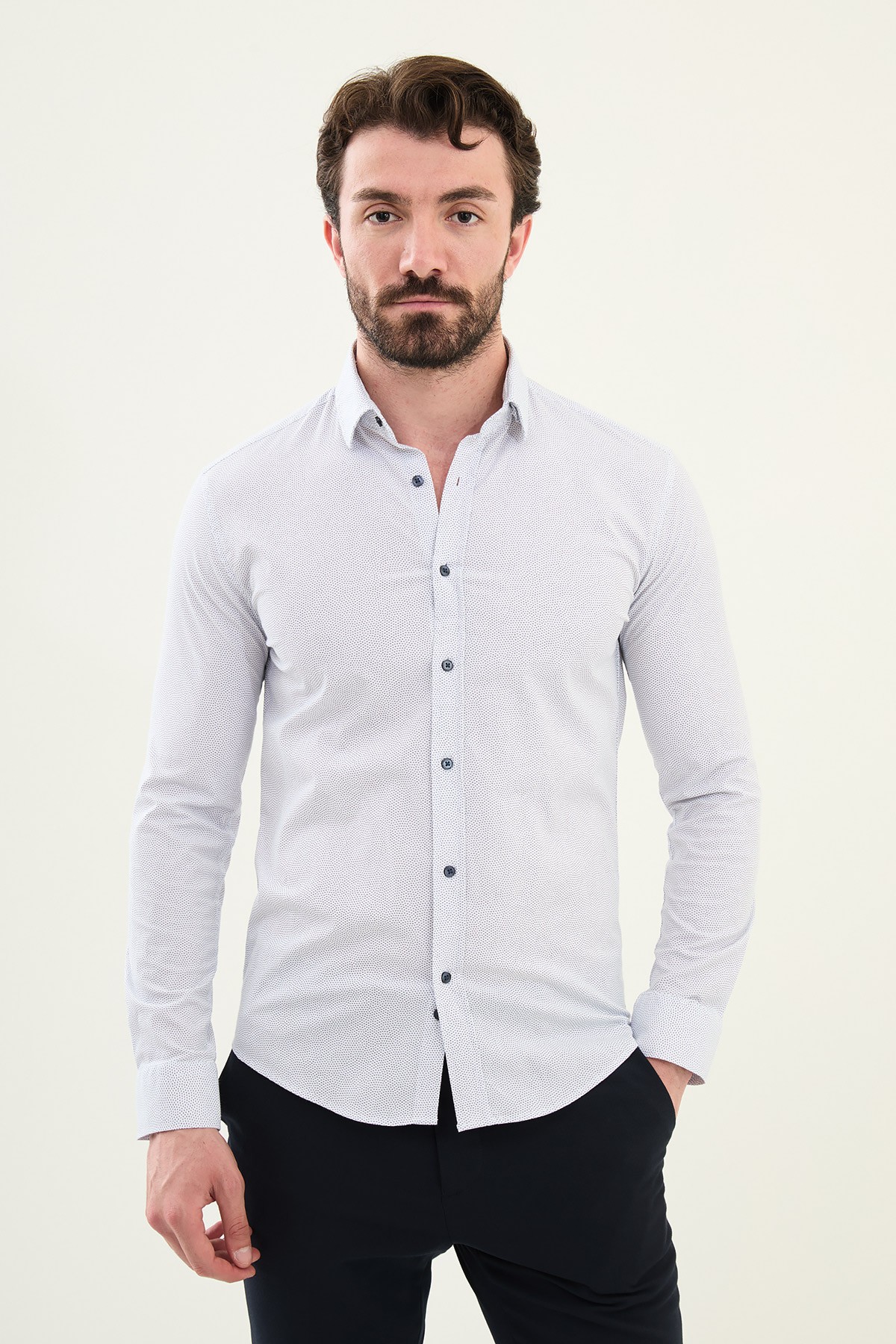 Desenli Slim Fit Pamuk Erkek Gömlek - Beyaz