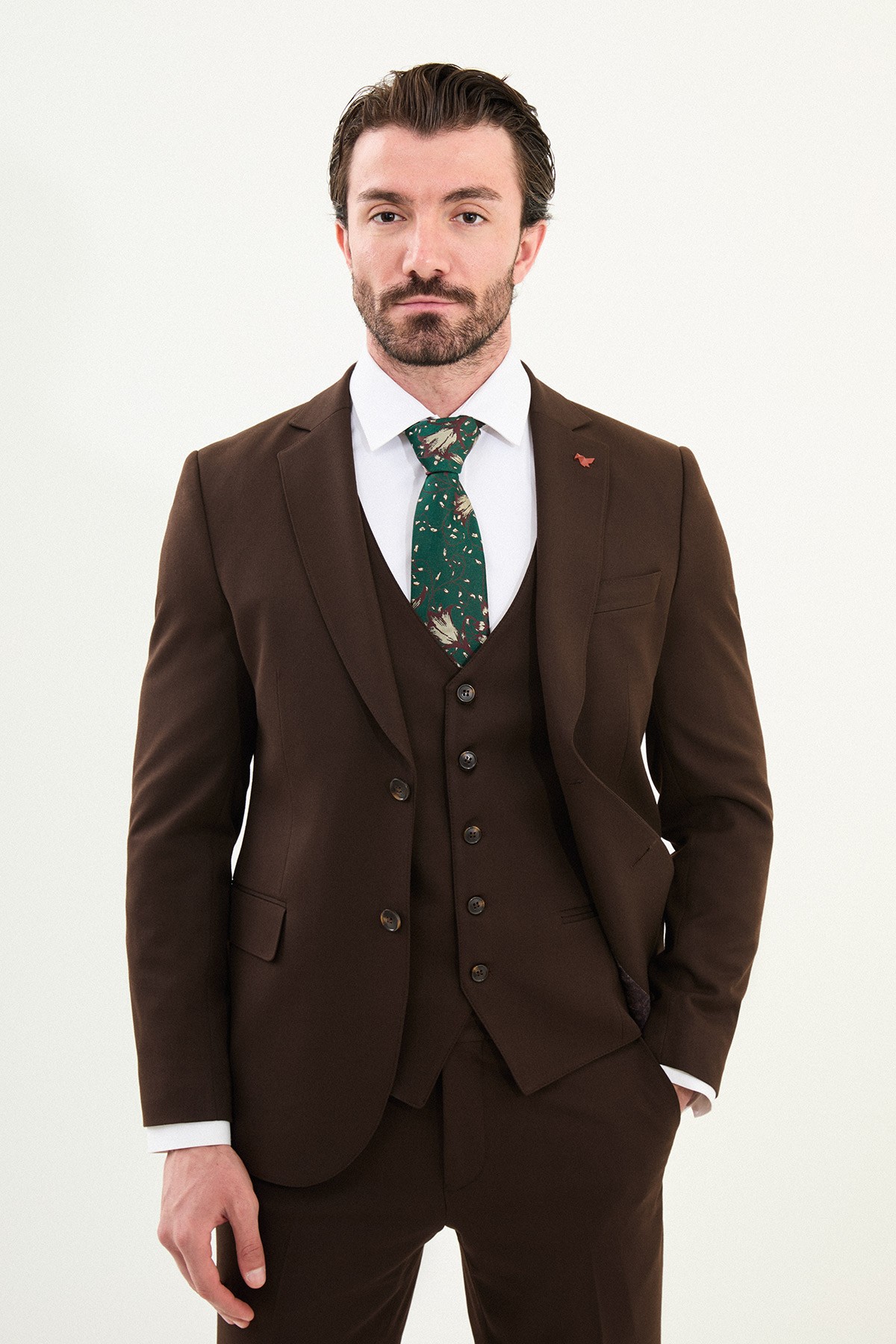 Düz Slim Fit Mono Yaka Klasik Yün Erkek Takım Elbise - Koyu Kahverengi