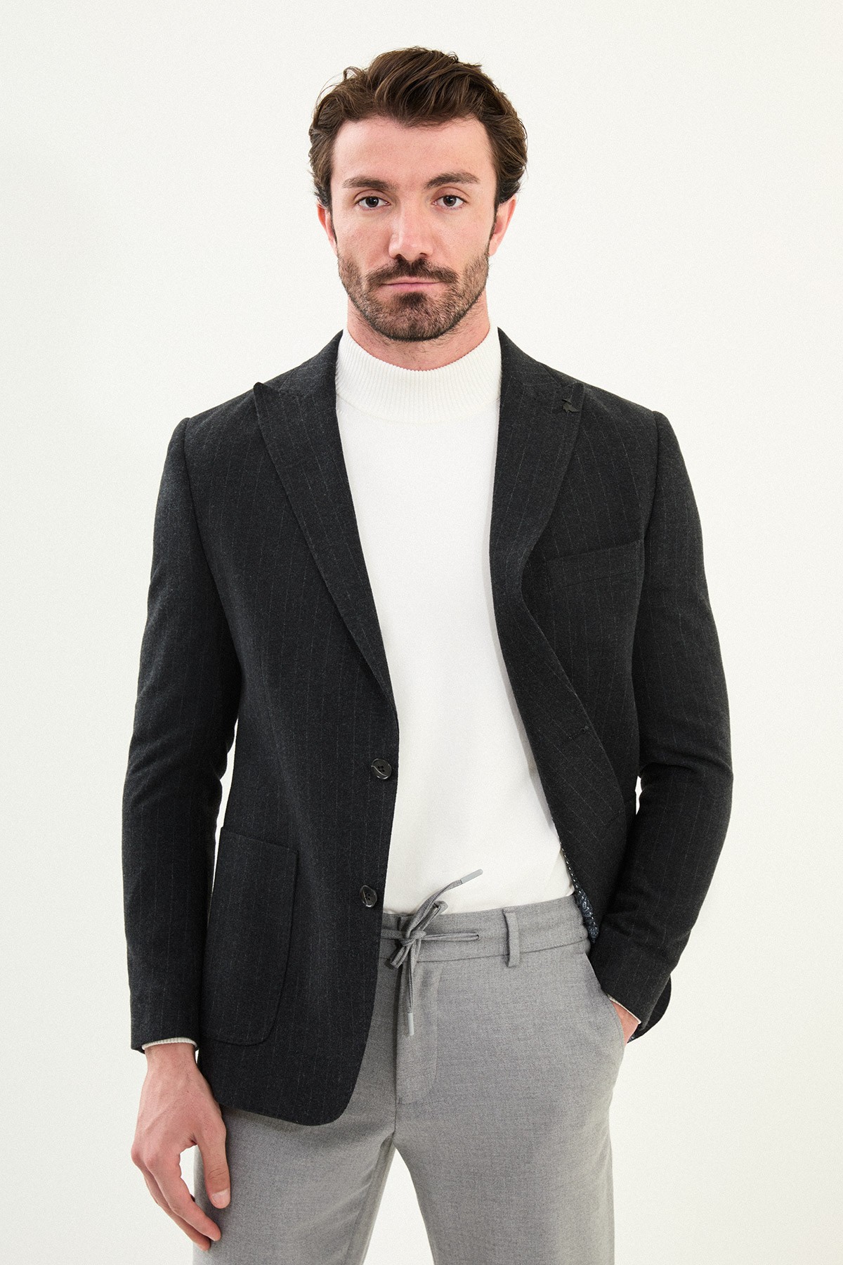 Çizgili Slim Fit Torba Cep Geniş Yaka Yün Erkek Ceket - Siyah
