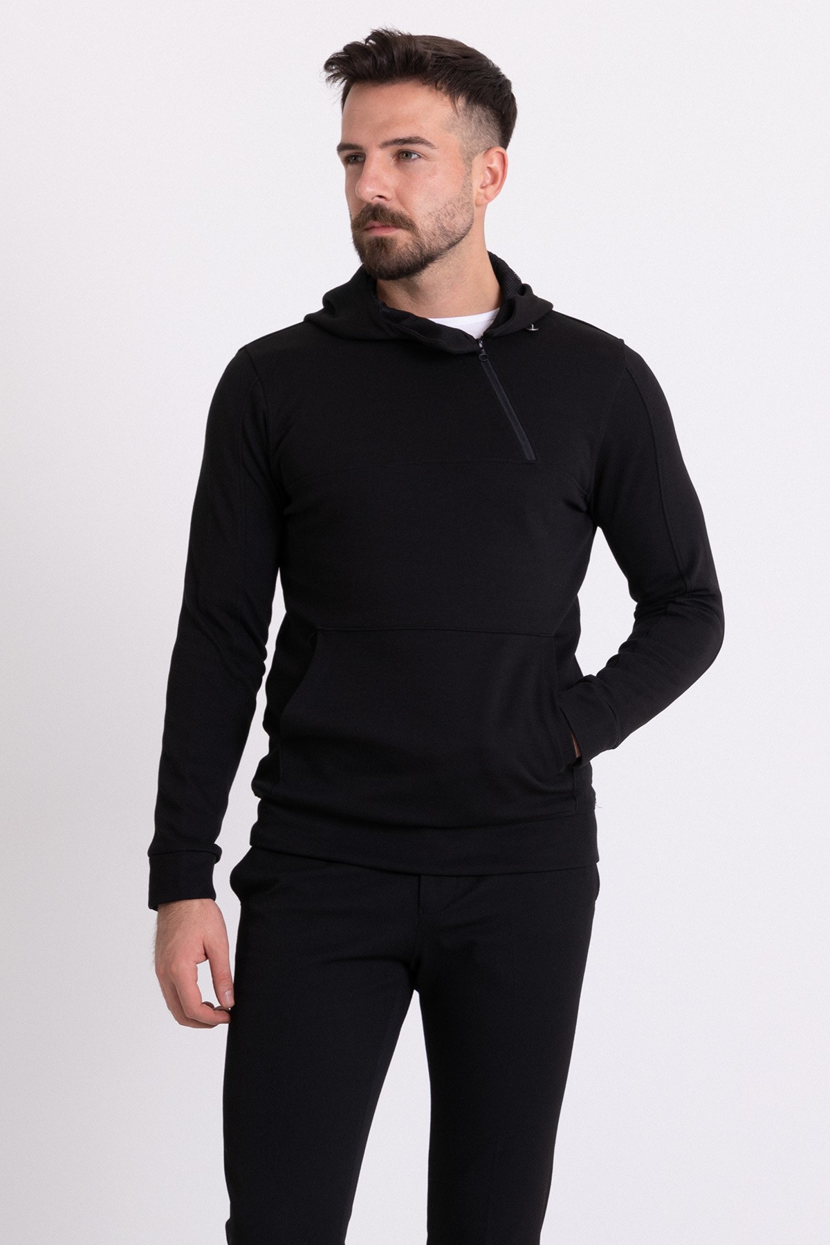 Fermuar Detaylı Slim Fit Kapüşonlu Erkek Sweatshirt
