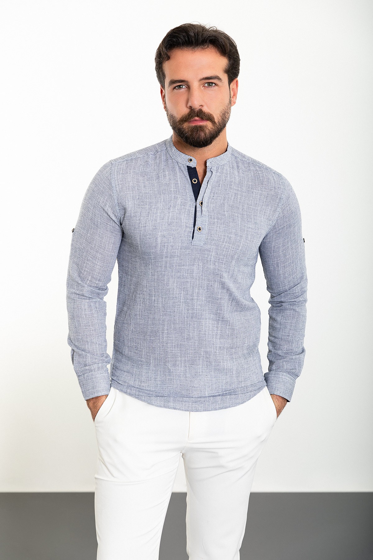 Desenli Slim Fit Hakim Yaka Uzun Kollu Erkek Gömlek - Lacivert-Ekru