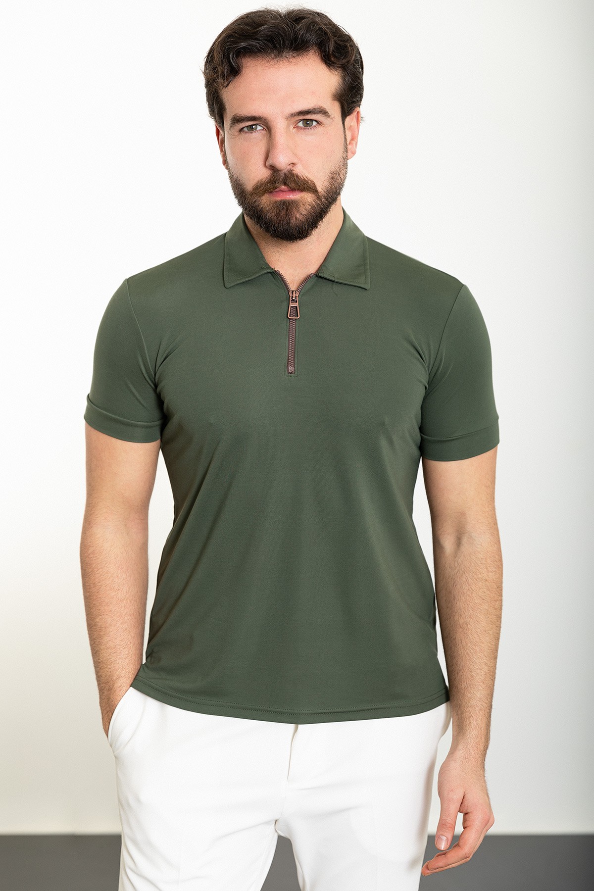 Düz Slim Fit Fermuarlı Polo Yaka Erkek T-Shirt - Haki