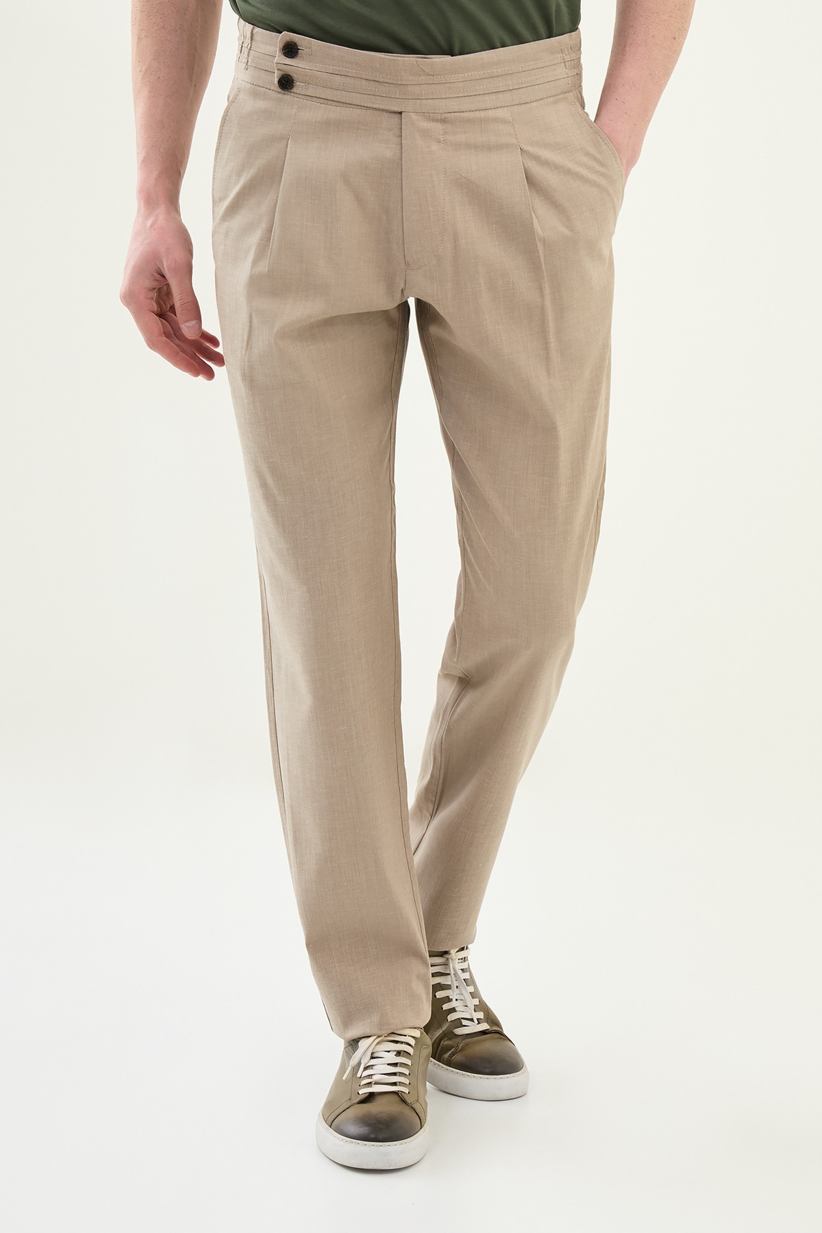 Düz Slim Fit Beli Lastikli Keten Erkek Pantolon - Bej