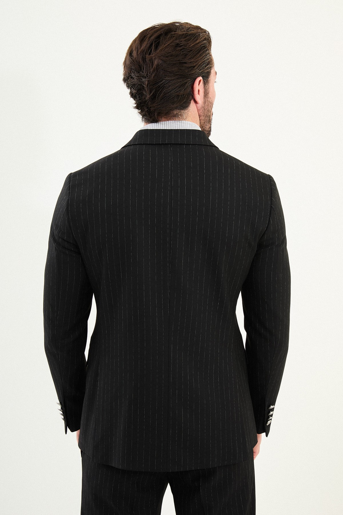 Çizgili Slim Fit Geniş Yaka Kruvaze Metal Düğmeli Erkek Takım Elbise