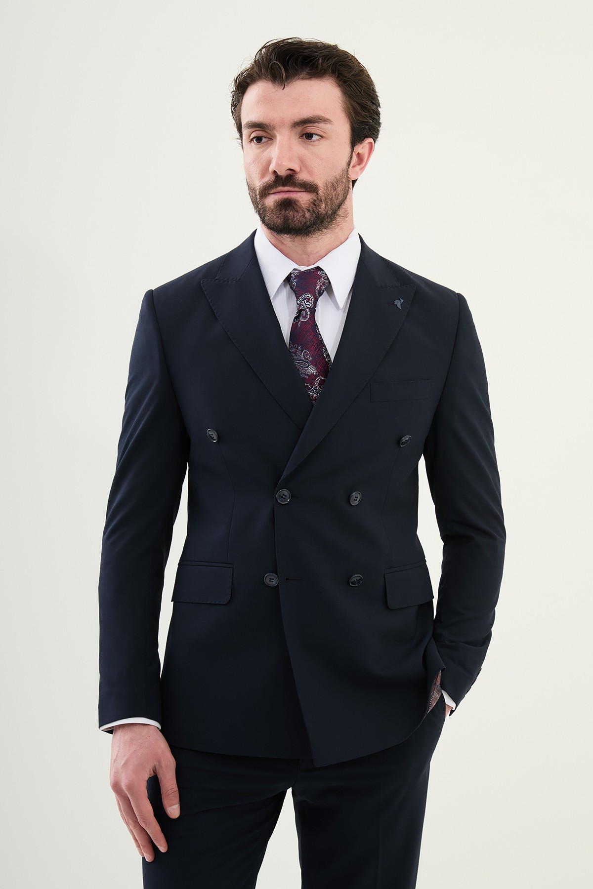 Düz Slim Fit Geniş Yaka Kruvaze Erkek Takım Elbise - Lacivert