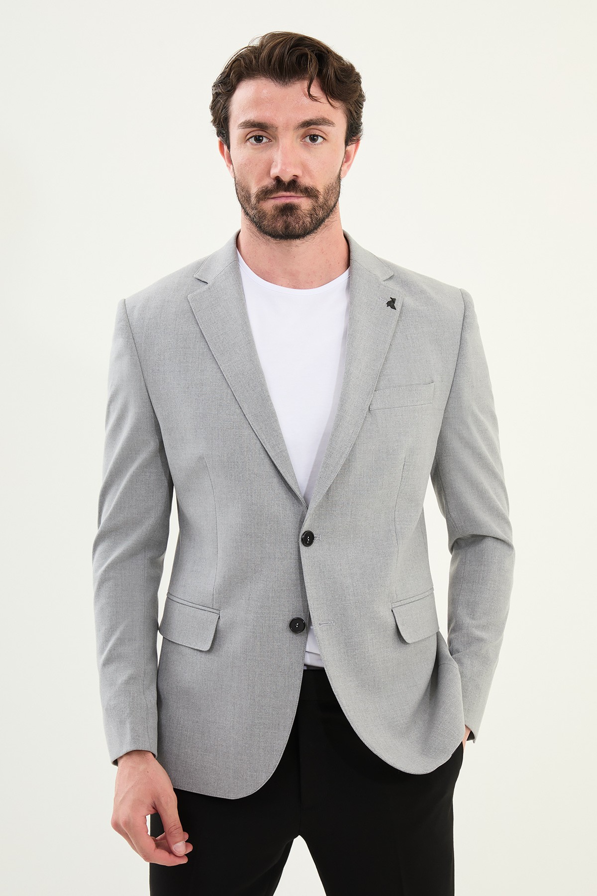 Düz Slim Fit Mono Yaka Klasik Erkek Ceket - Açık Gri