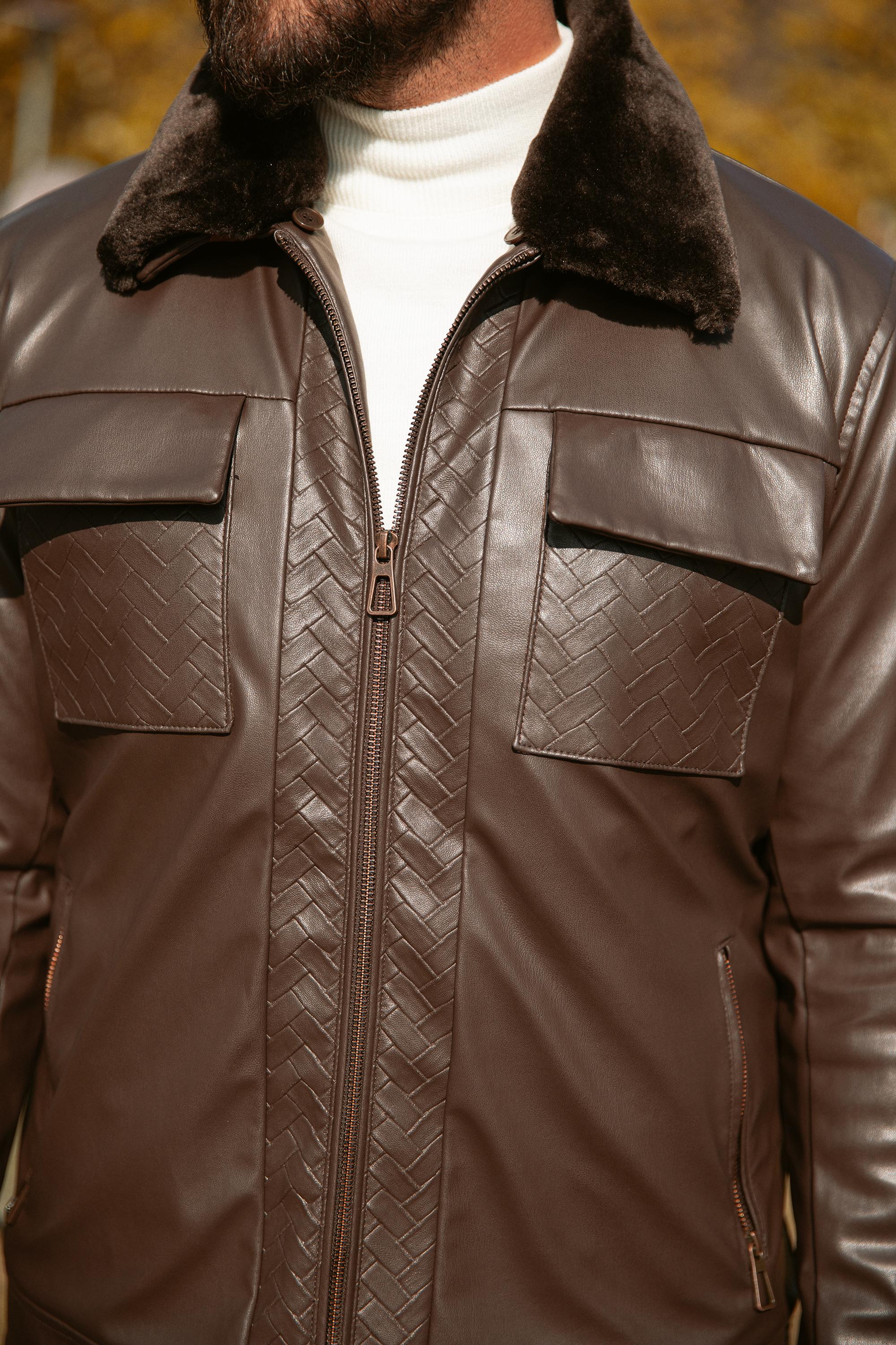 Desenli Slim Fit Kürklü Yaka Suni Deri Erkek Mont