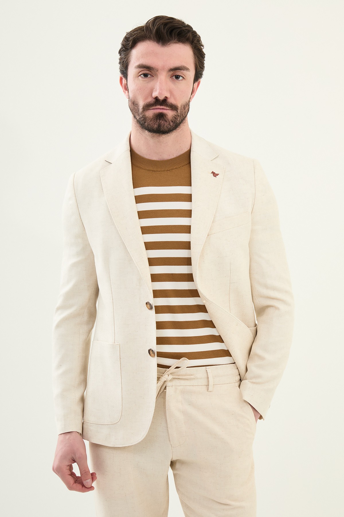 Düz Slim Fit Torba Cep Mono Yaka Keten Erkek Ceket
