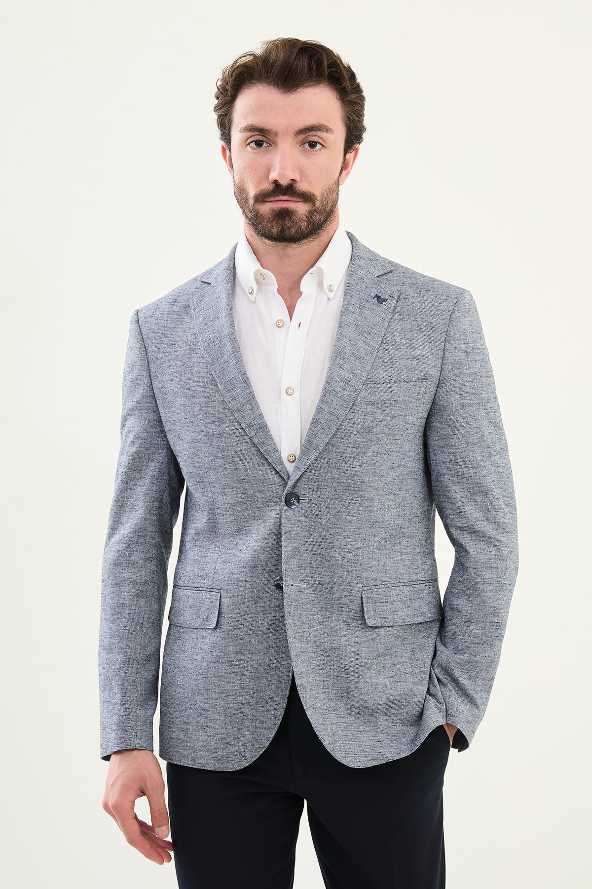 Kırçıllı Slim Fit Mono Yaka Keten Erkek Ceket - Lacivert