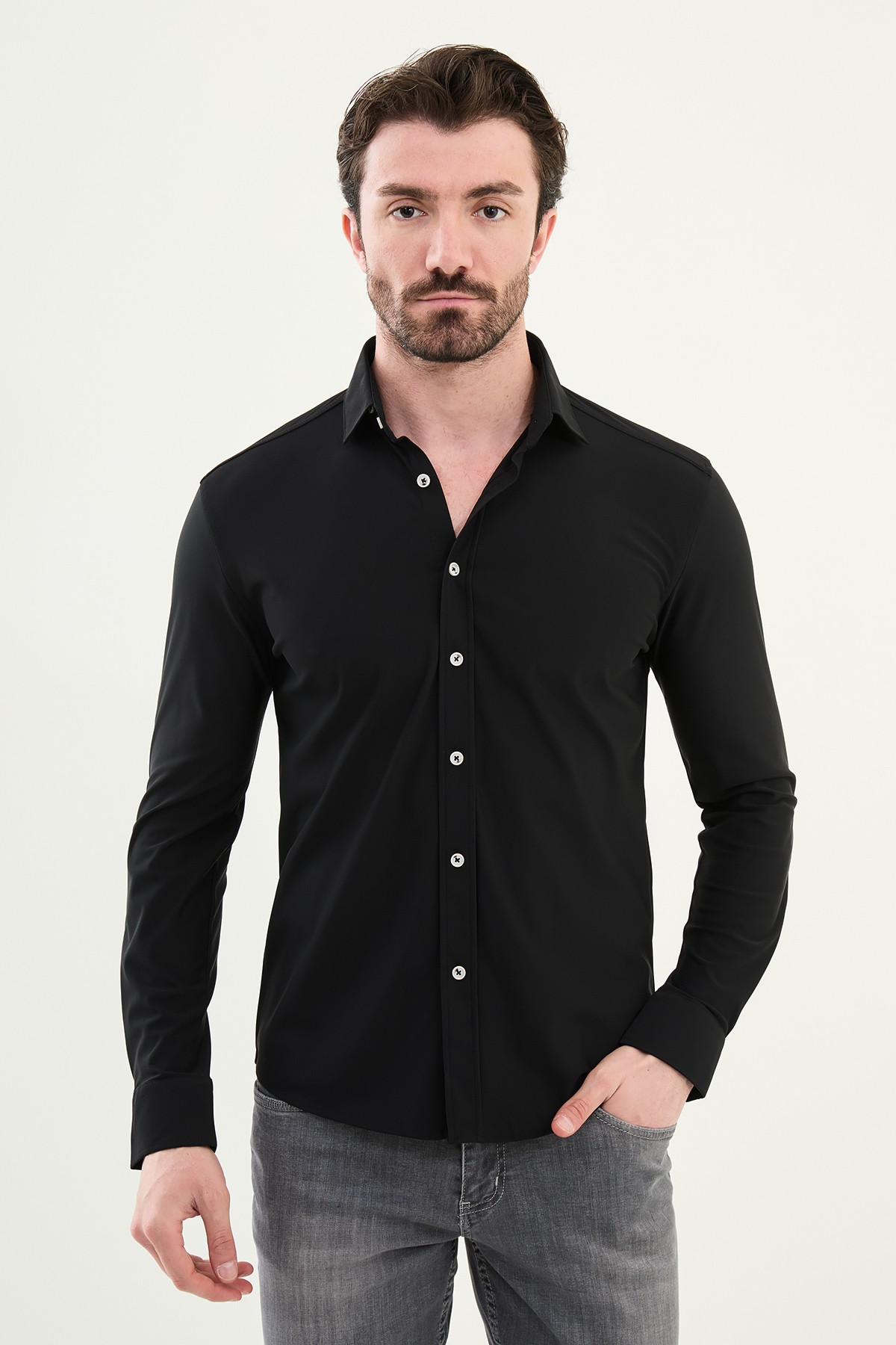 Düz Slim Fit Erkek Gömlek - Siyah