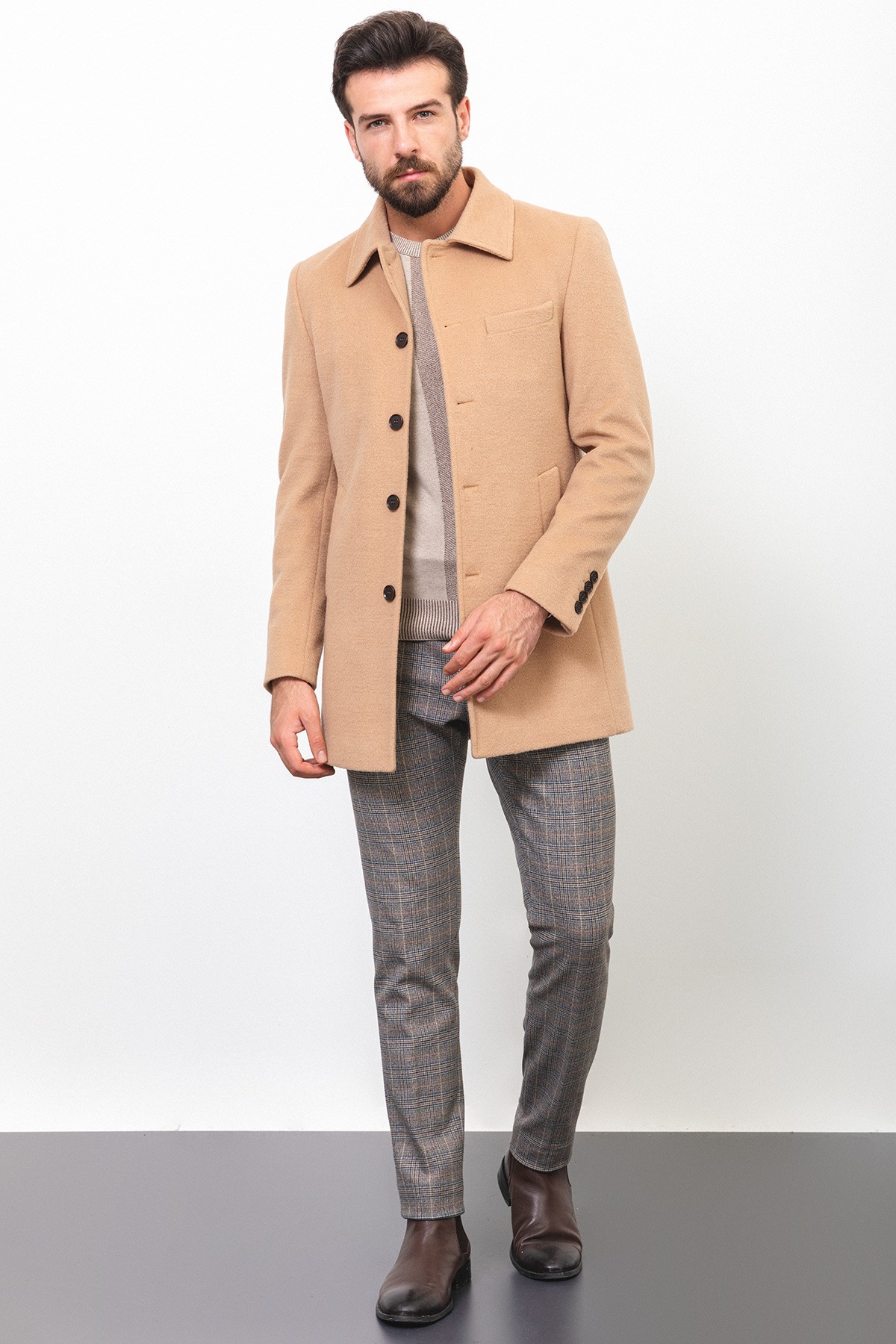 Düz Slim Fit Gömlek Yaka Klasik Yün Erkek Kaban