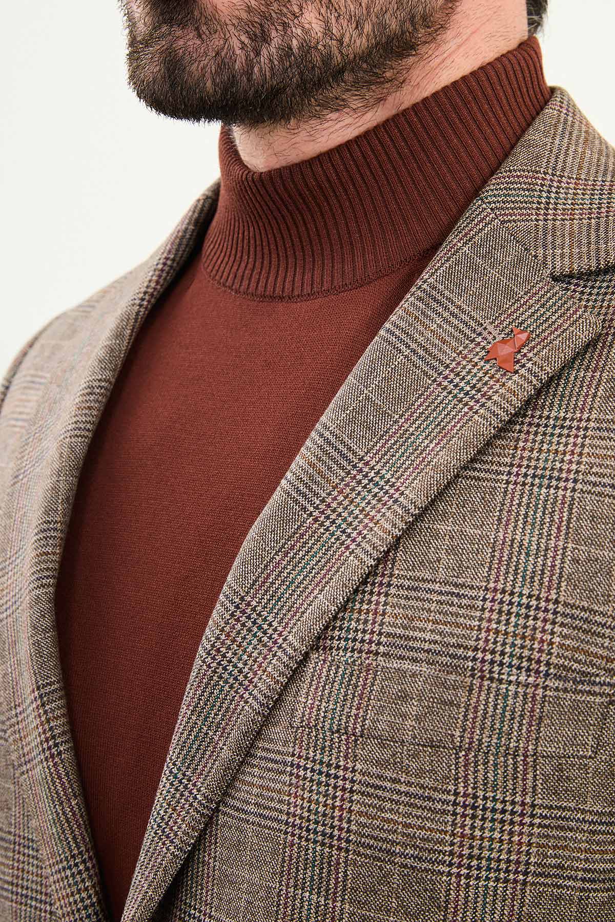 Ekoseli Slim Fit Mono Yaka Erkek Ceket